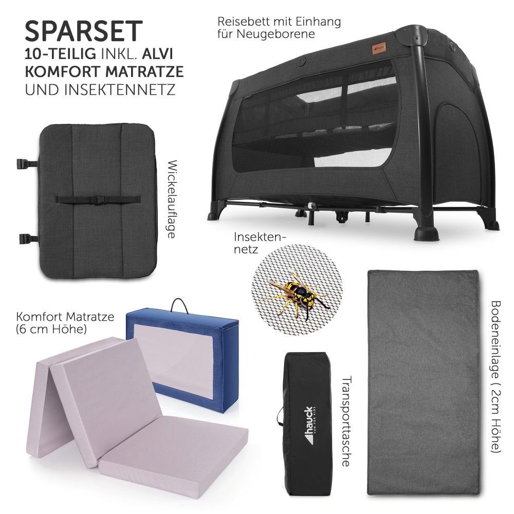 Hauck Baby-Reisebett Play'n Relax Center - Melange Black, 7-tlg., Kinderreisebett mit Matratze, Insektenschutz, Wickelauflage, Einhang