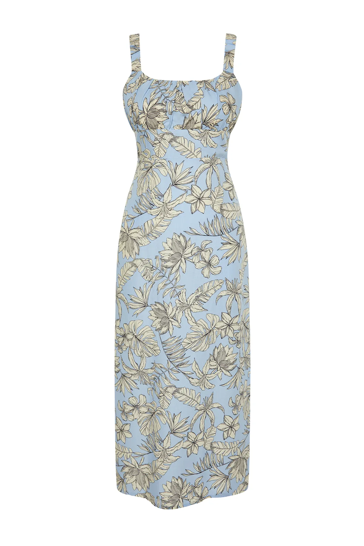 Trendyol Collection  Hellblaues Maxikleid aus 100 % Viskosegewebe mit Blumendruck und Schlitzdetail TWOSS24EL00613
