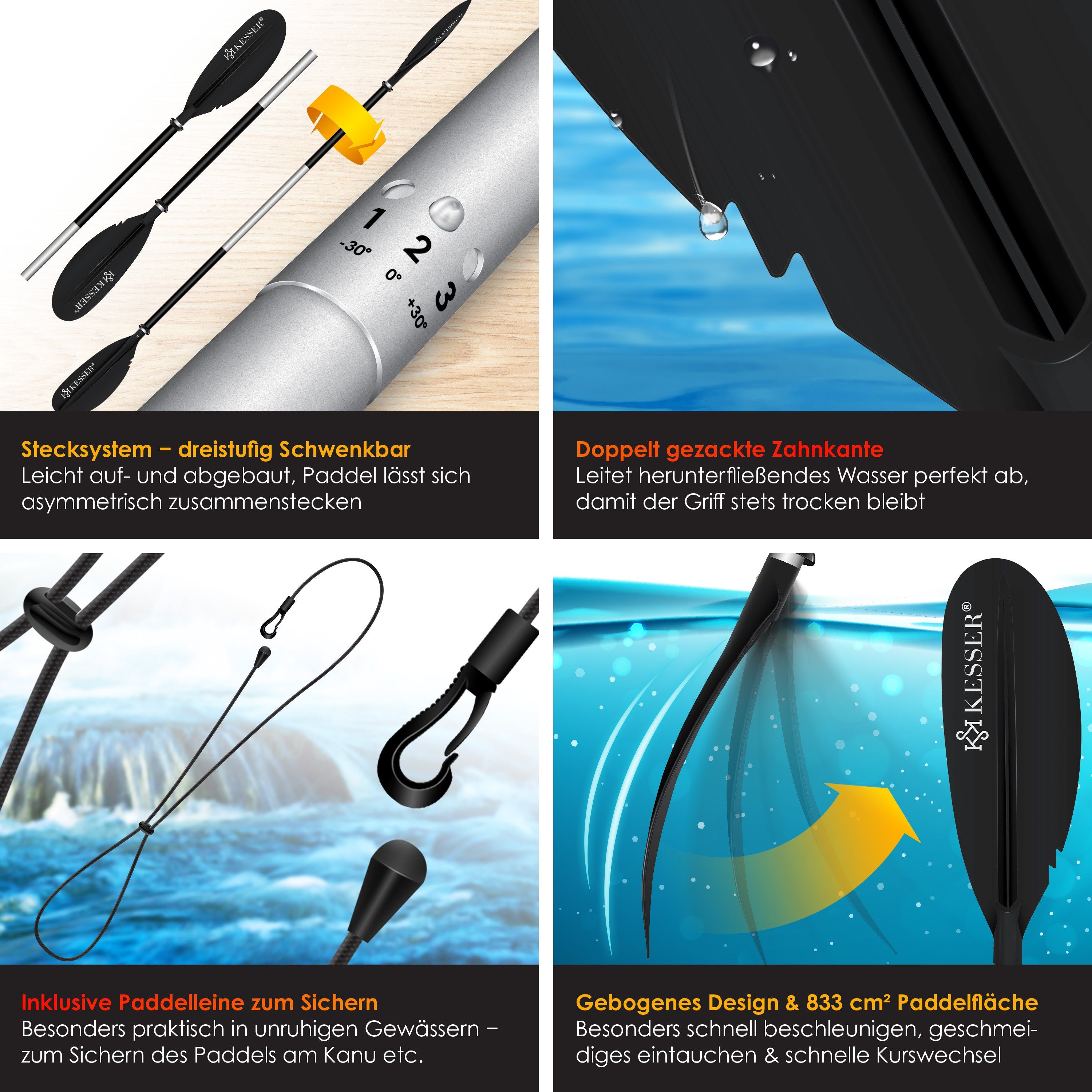 KESSER SUP-Paddel, Paddle Doppelpaddel 4-teilig für Kanu Kayak SUP Stand-Up