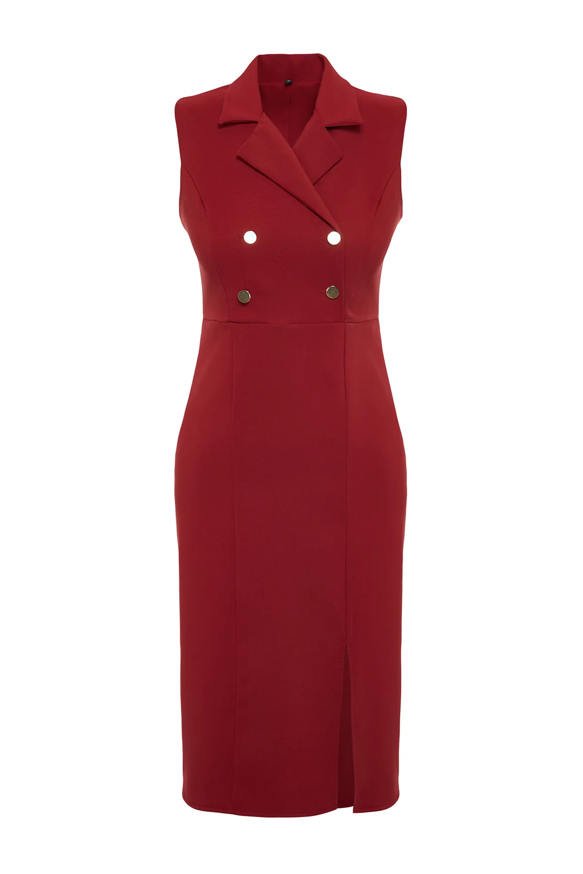 Trendyol Collection  Burgunderfarbenes, figurbetontes Midi-Webkleid mit Knöpfen und Schlitz, TWOSS23EL02256