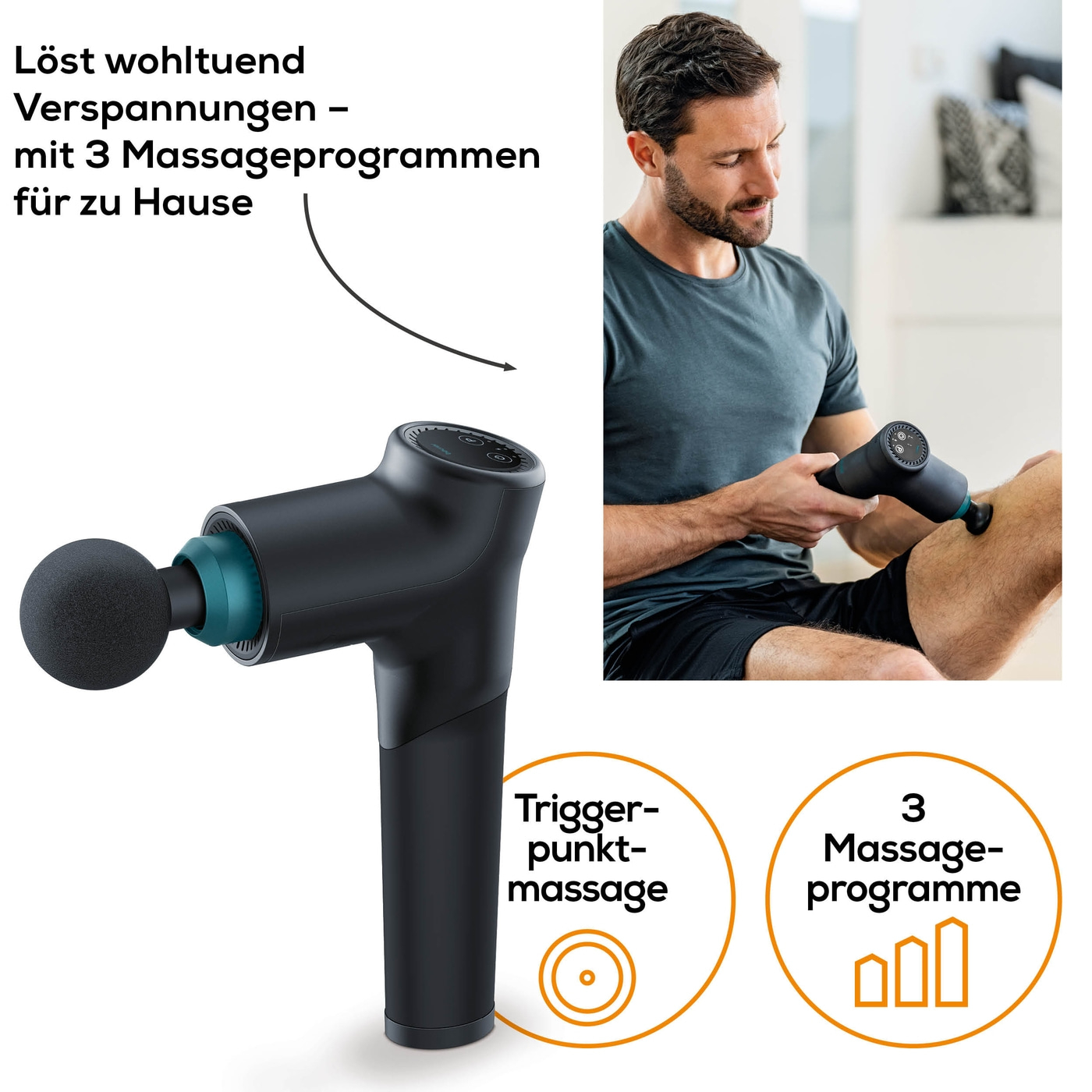 Beurer MG 185 MASSAGE GUN-Ergonomische Massagepistole zur Muskelentspannung mit 5 Aufsätzen & 9 Stufen