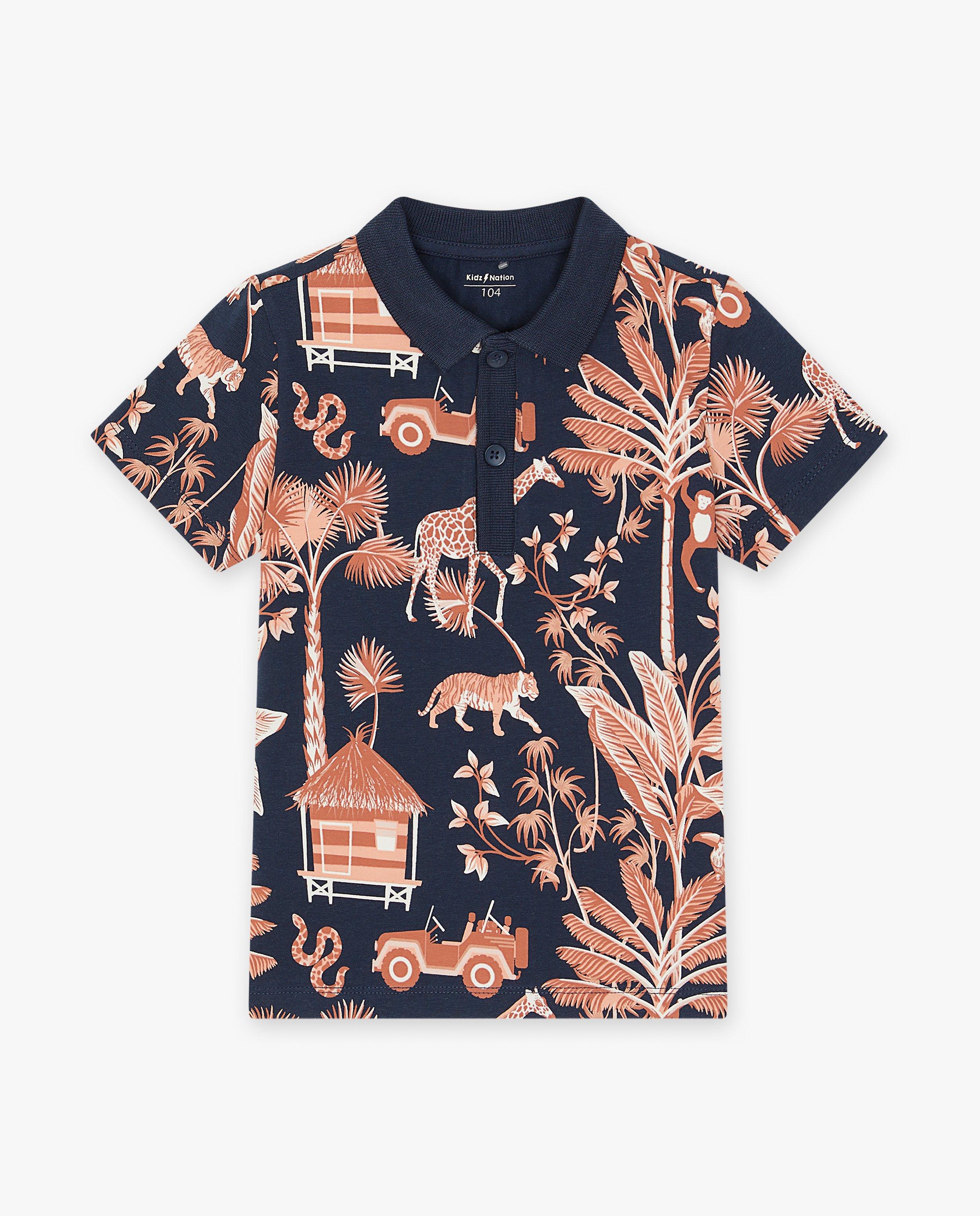 Tricou polo Kidz Nation cu imprimeu tropical, 2-7 ani, albastru închis