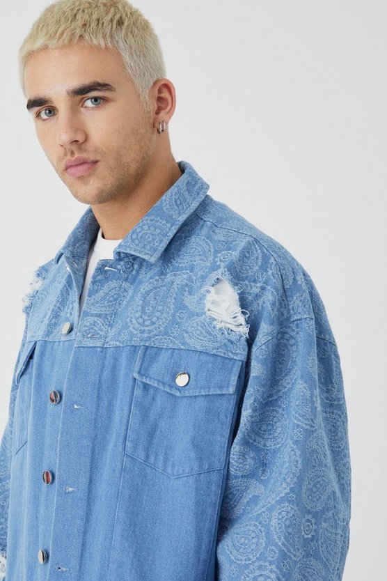 Kastige gespleißte Jeansjacke mit Paisley-Print