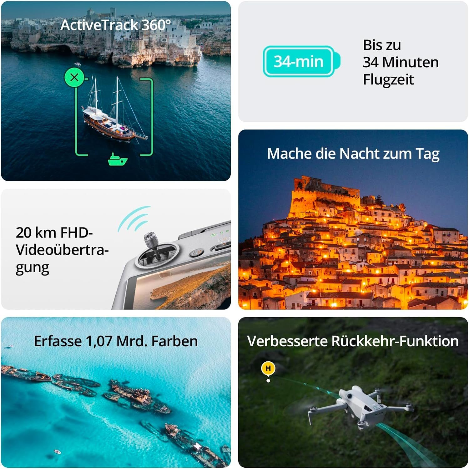 DJI Mini 4 Pro Fly More Combo mit DJI RC 2 Fernsteuerung Drohne mit Kamera Drohne (Ultra HD, 34 Minuten Flugzeit, 2 zusätzliche Akkus, Klasse-C0, Mini-Drohne mit Kamera 4k Video GPS, Bildschirmfernsteuerung faltbare Mini-Drohne mit 4K-Kamera, unter 2