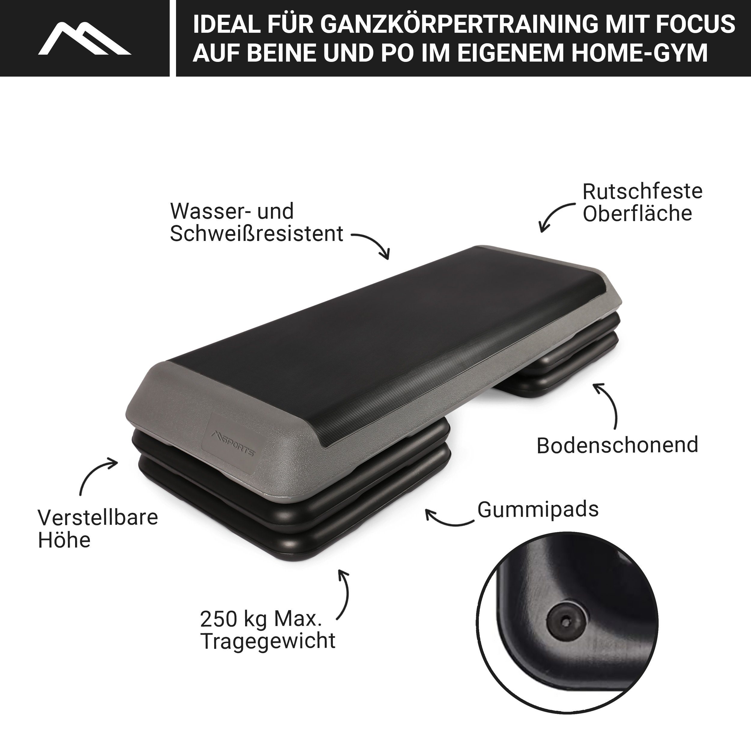 MSports® Stepper Steppbrett Professional inkl. Übungsposter, inkl. Übungsposter 3 - Fach höhenverstellbar Studio Stepper