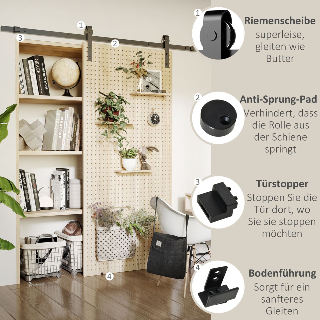 HOMCOM Schiebetüren-Beschlagsatz mit Schrauben Komplett-Set für einzelne Holztür