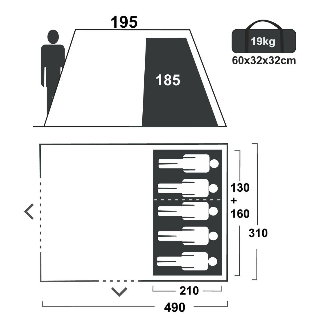 yourGEAR Tunnelzelt yourGEAR Zelt Bora 5 Personen Tunnelzelt Familienzelt Vordach 5000 mm, Personen: 5
