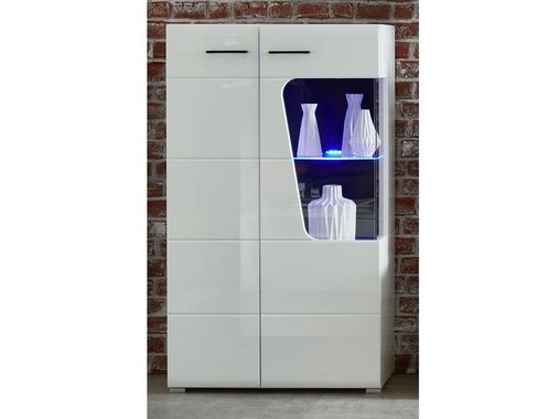 möbelando Wohnwand Filmer, Moderne Wohnwand, Korpus aus Spanplatte in Weiß matt, Front aus MDF in Weiß Hochglanz, Absetzungen in Schwarz bestehend aus 1 Vitrine klein, 1 Vitrine groß, 1 TV-Unterteil und 1 Wandboard, inkl. LED-Beleuchtung. Stellmaß ca