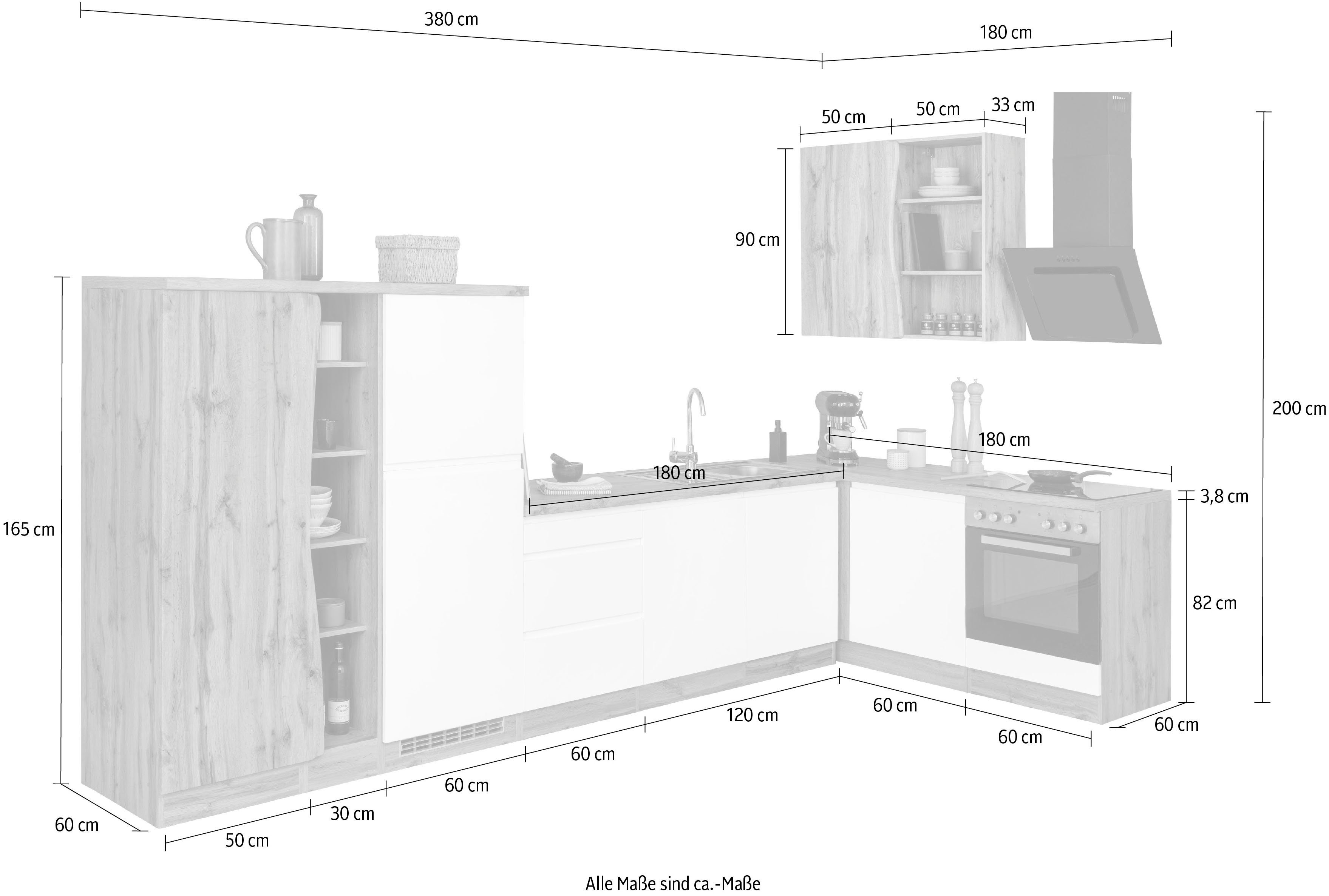 HELD MÖBEL Küche Bruneck, Stellbreite 380/180 cm breit, wahlweise mit oder ohne E-Geräte, MDF