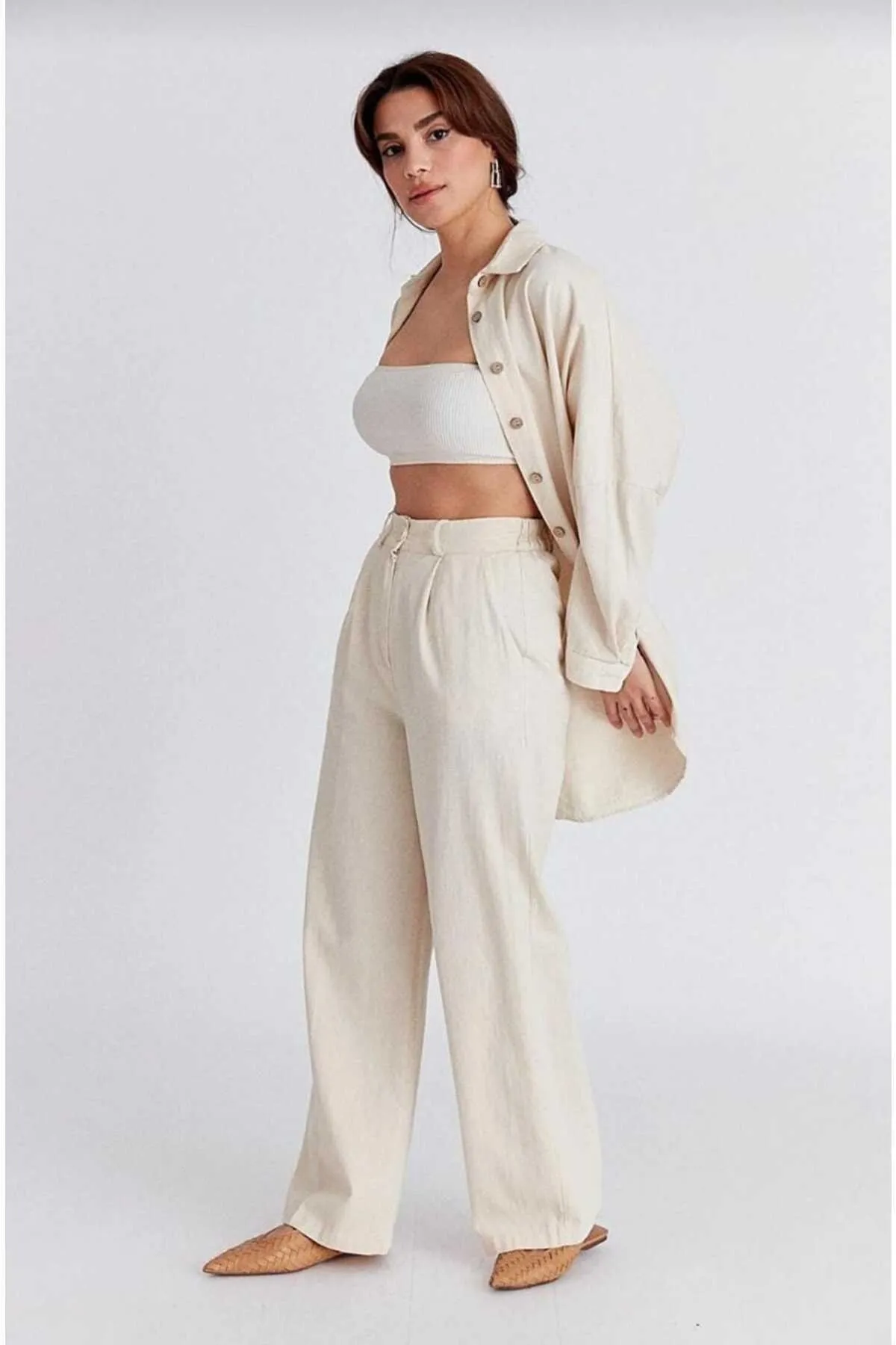IŞILDA FASHION  DAMENKLEIDUNG PALAZZO-HOSE AUS ROHLEINEN MIT ELASTISCHEM BUND