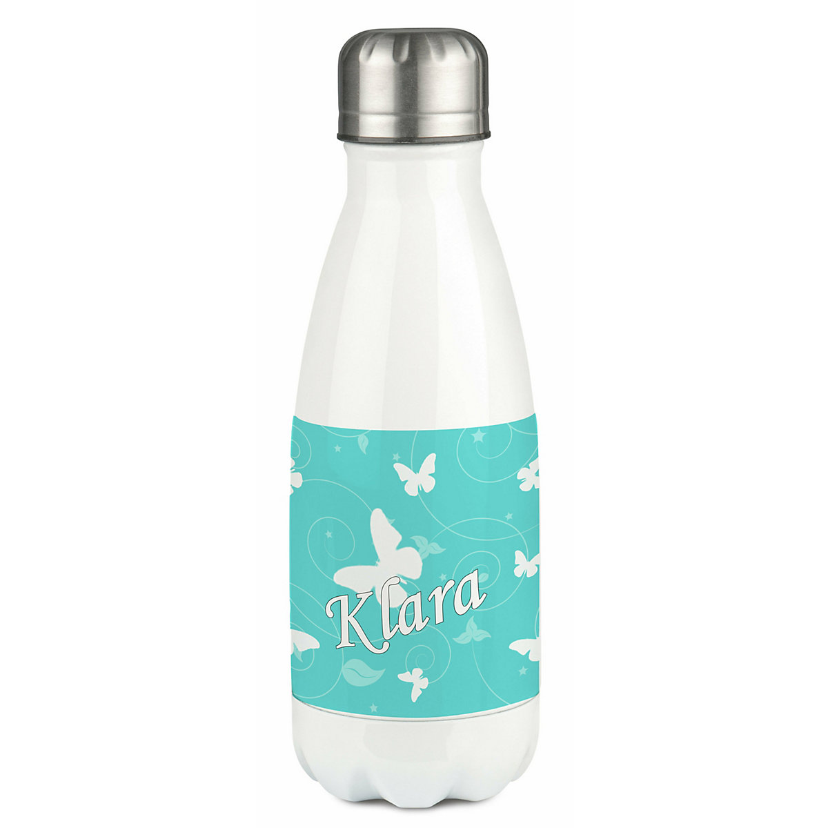 Edelstahl Kinder Thermoflasche / Trinkflasche bunt Schmetterling Ornamente Farbe türkis Spülmaschinenfest, Auslaufsicher, Bruchfest, Doppelwandig, Für Heißgetränke geeignet, Mit Deckel, Isoliert
