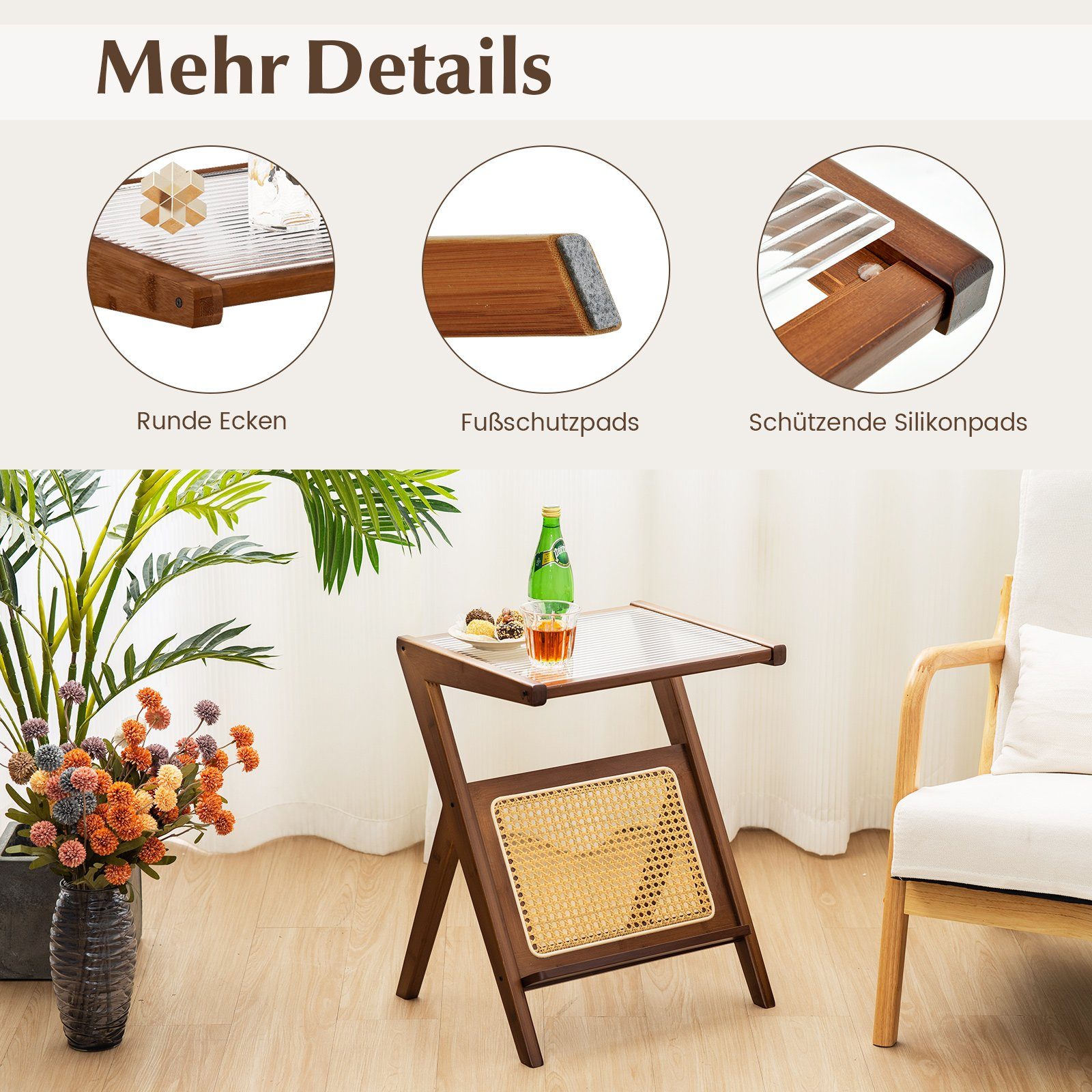 COSTWAY Couchtisch, Bambus, mit gehärteter Glasplatte & Rattan Magazinhalter