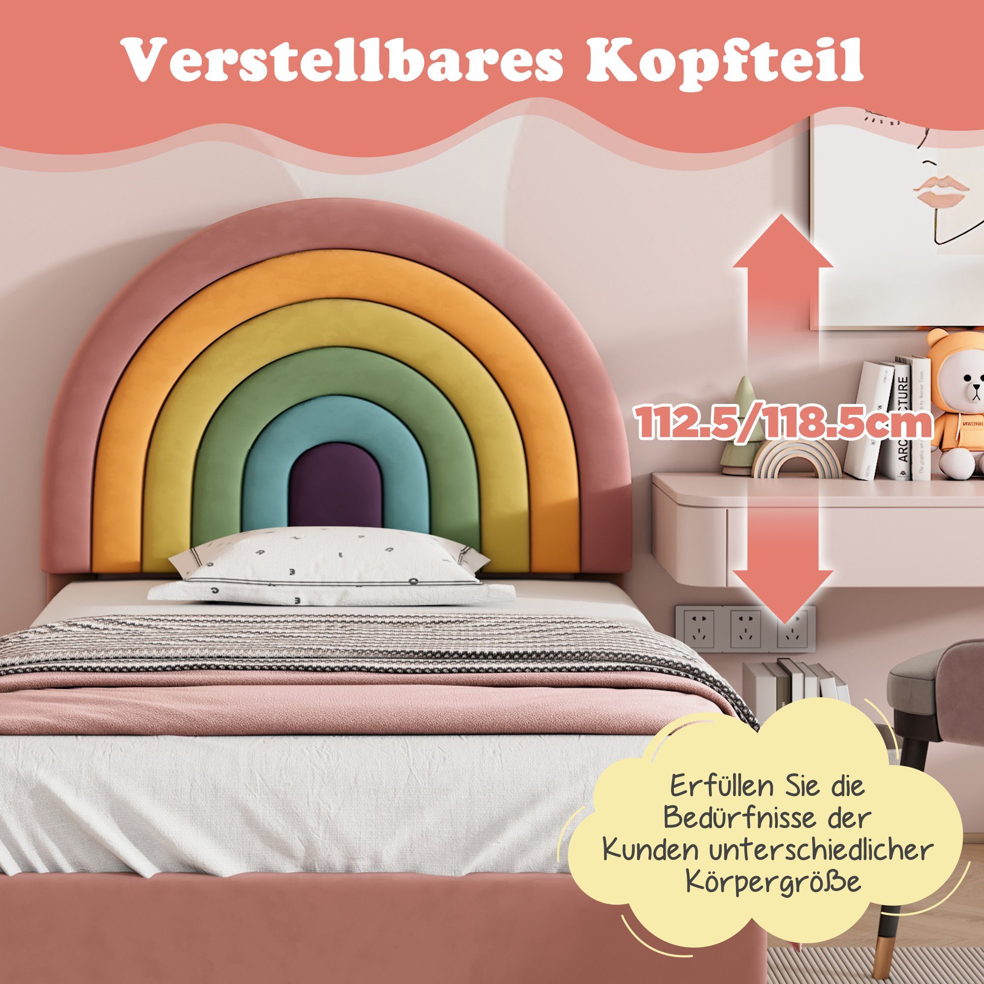 Flieks Polsterbett, Kinderbett mit verstellbarem Regenbogen-Kopfteil 90x200cm Samt