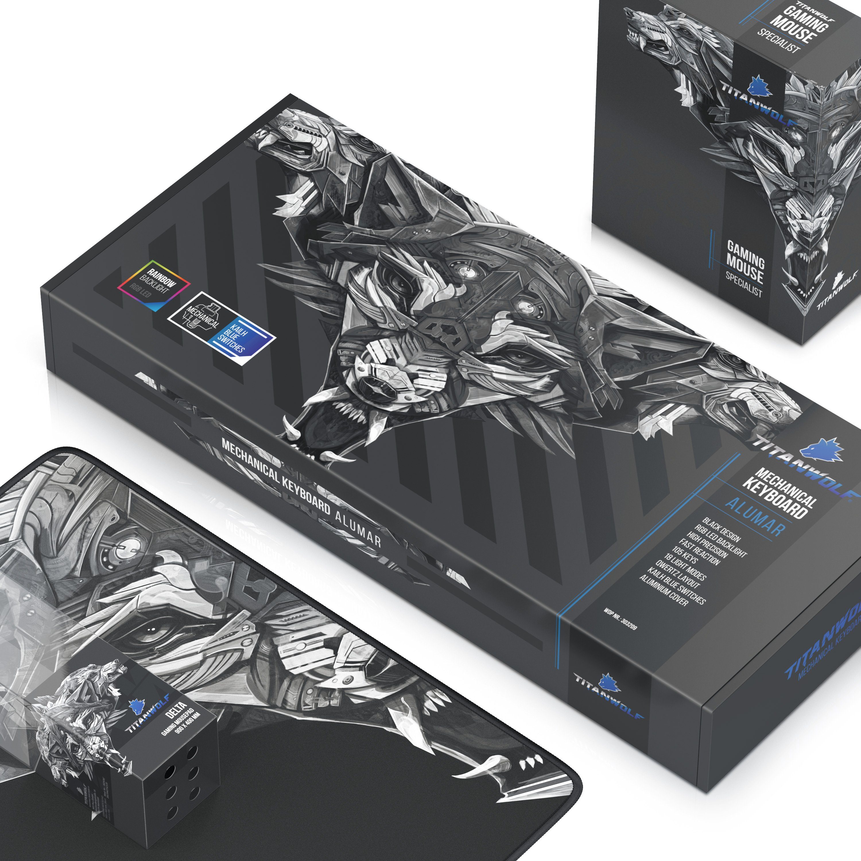Titanwolf Tastatur-, Maus- und Mauspad-Set, (Spar-Set, 3 St), Mechanisches Keyboard, Mouse & Mousepad Gaming Bundle