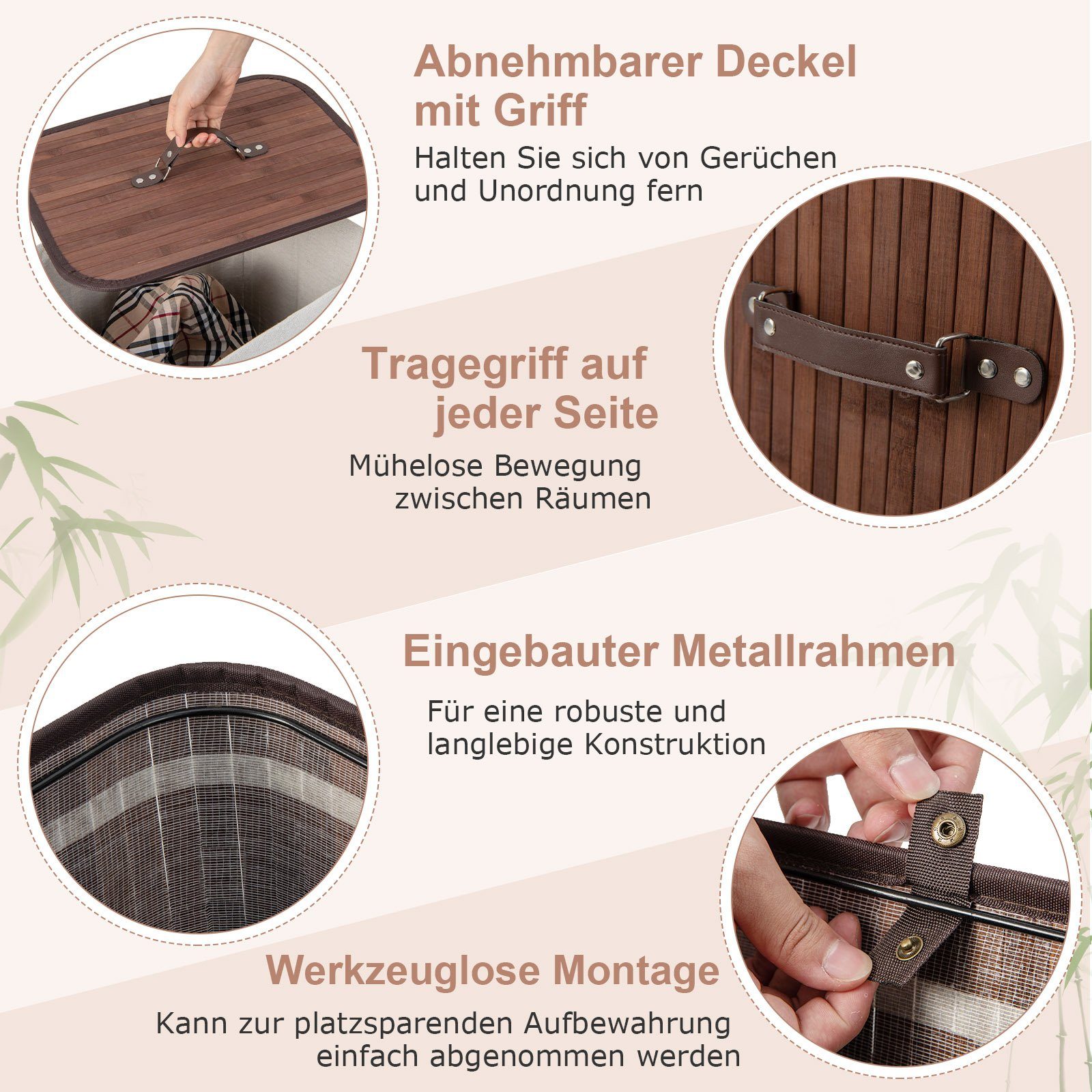 COSTWAY Wäschekorb, mit Deckel, 72L, Bambus, mit ausnehmbarer Innentasche