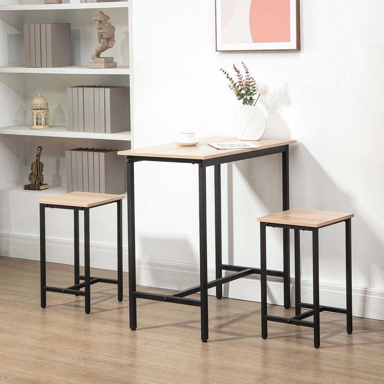 HOMCOM 3-teilig Esszimmergruppe Bartisch mit 2 Stühlen Spanplatte Naturholz