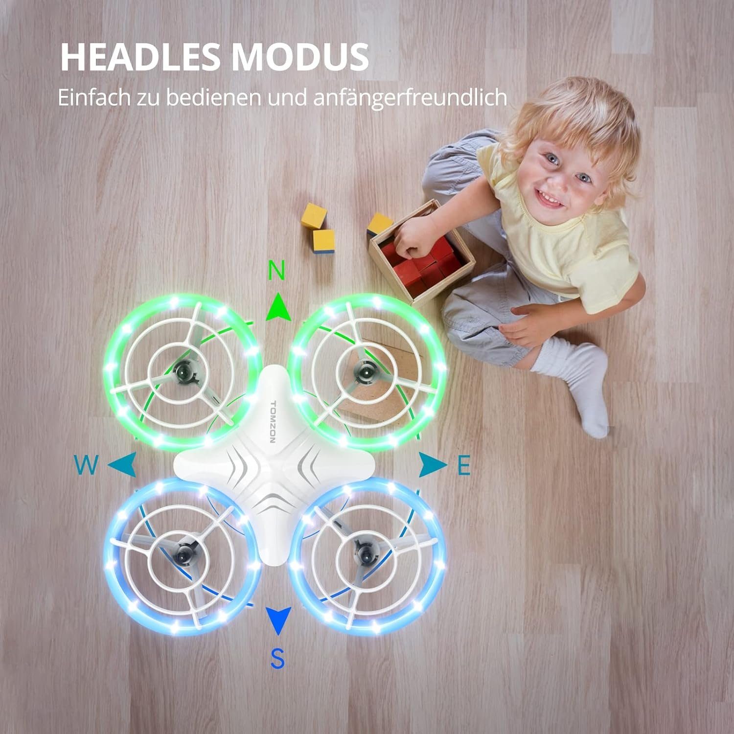 Tomzon Mini Drohne für Kinder, Blauen und Grünen LED Lichter Drohne (Fliege mit Leichtigkeit: 2 Akkus, 3D-Flip, Kopflos-Modus, für Anfänger)