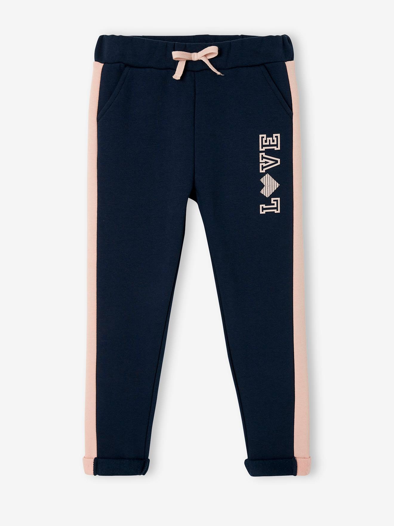 Pantalon de sport fille en molleton bandes côtés prune