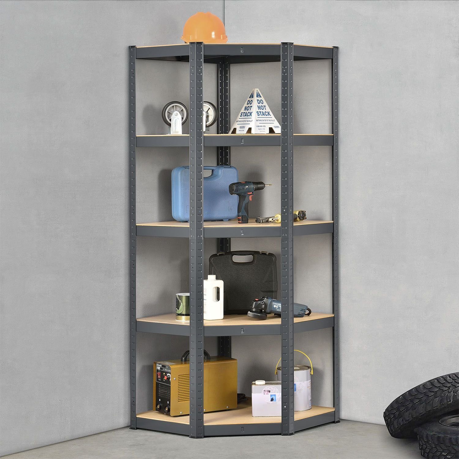 Juskys Eckregal Corner Basic, 5 Böden aus MDF-Holz, 175kg Traglast je Boden, Abstände frei wählbar