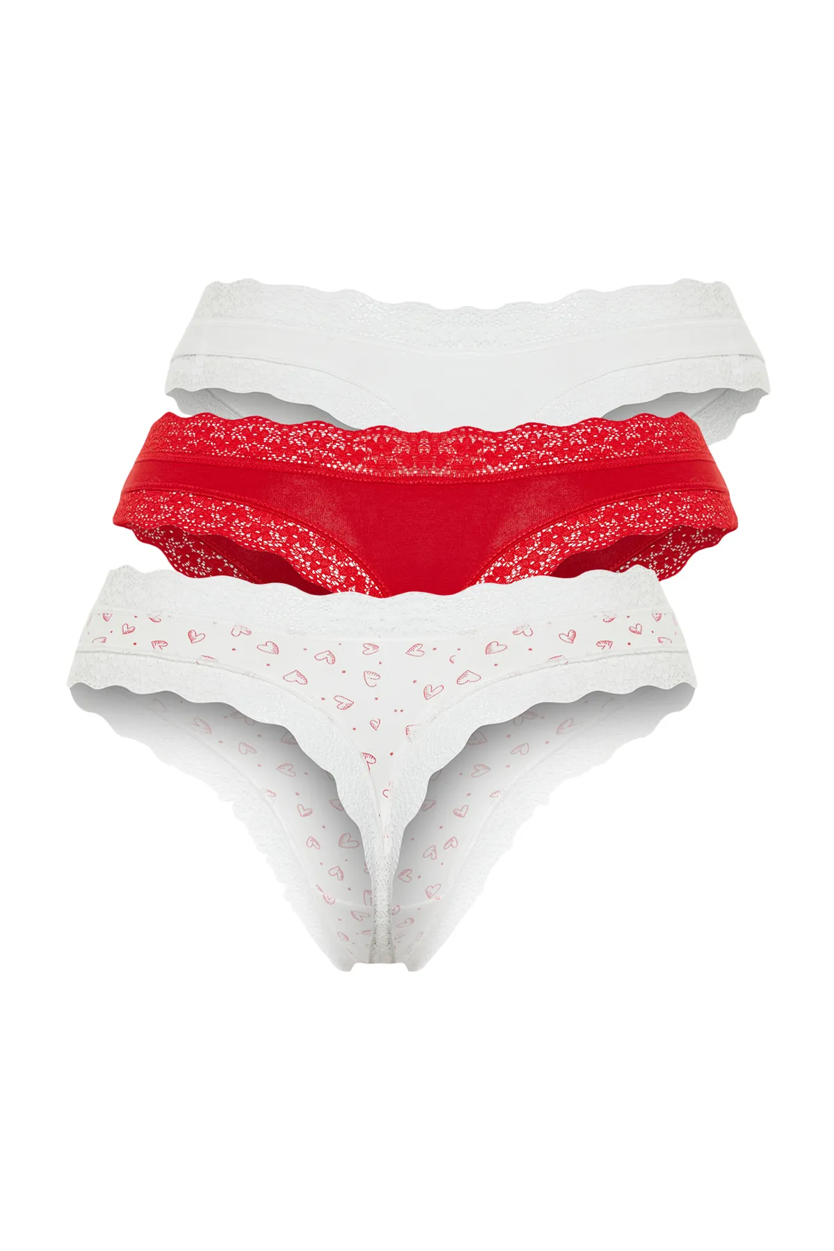 Trendyol Collection  Mehrfarbige 3er-Pack Tanga-Strickhöschen aus Baumwollspitze mit detaillierten Details THMSS24KU00003