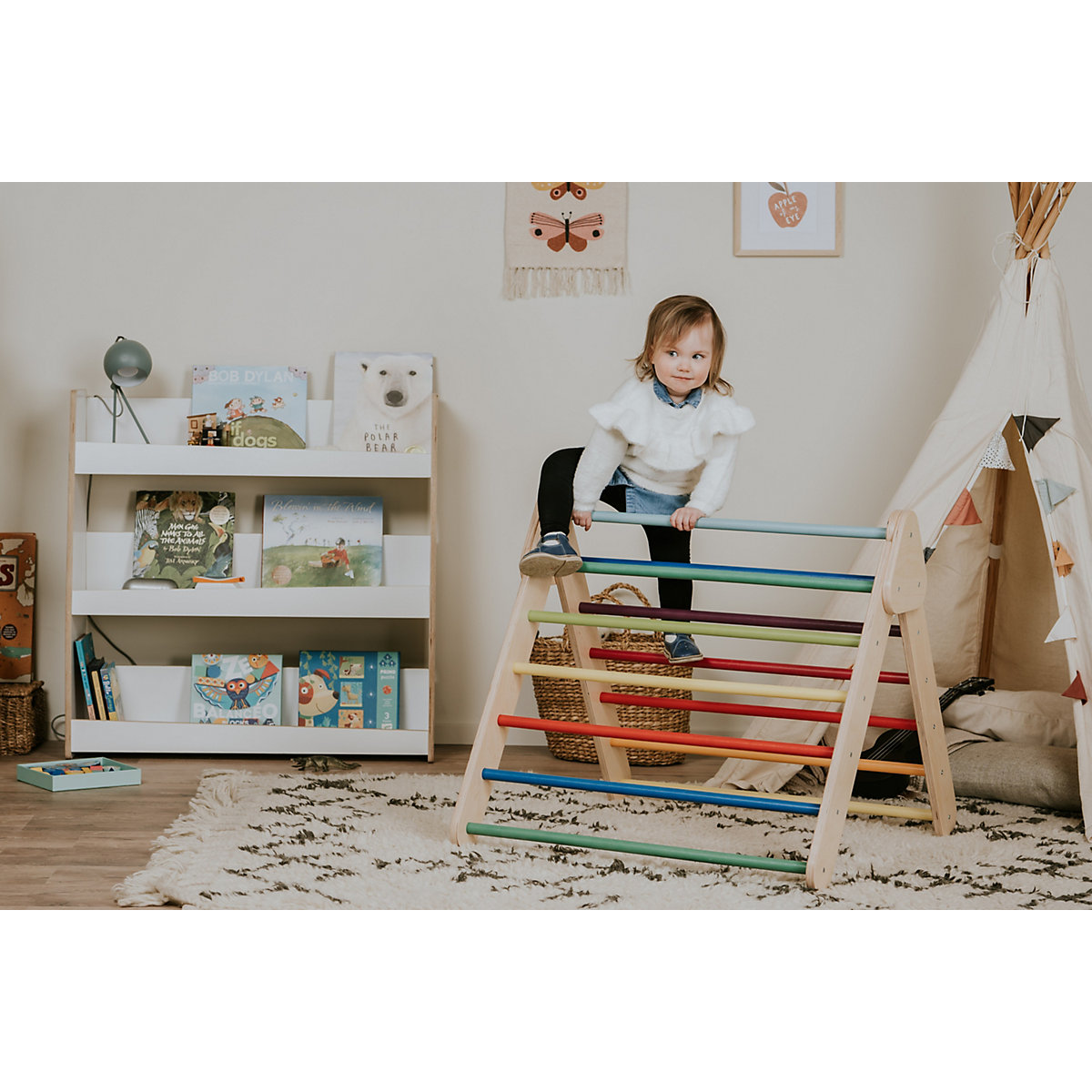 Klettergerüst mit Rampe und Rutsche Indoor, Kletterdreieck aus Holz, Klettern Innnen Kleinkind