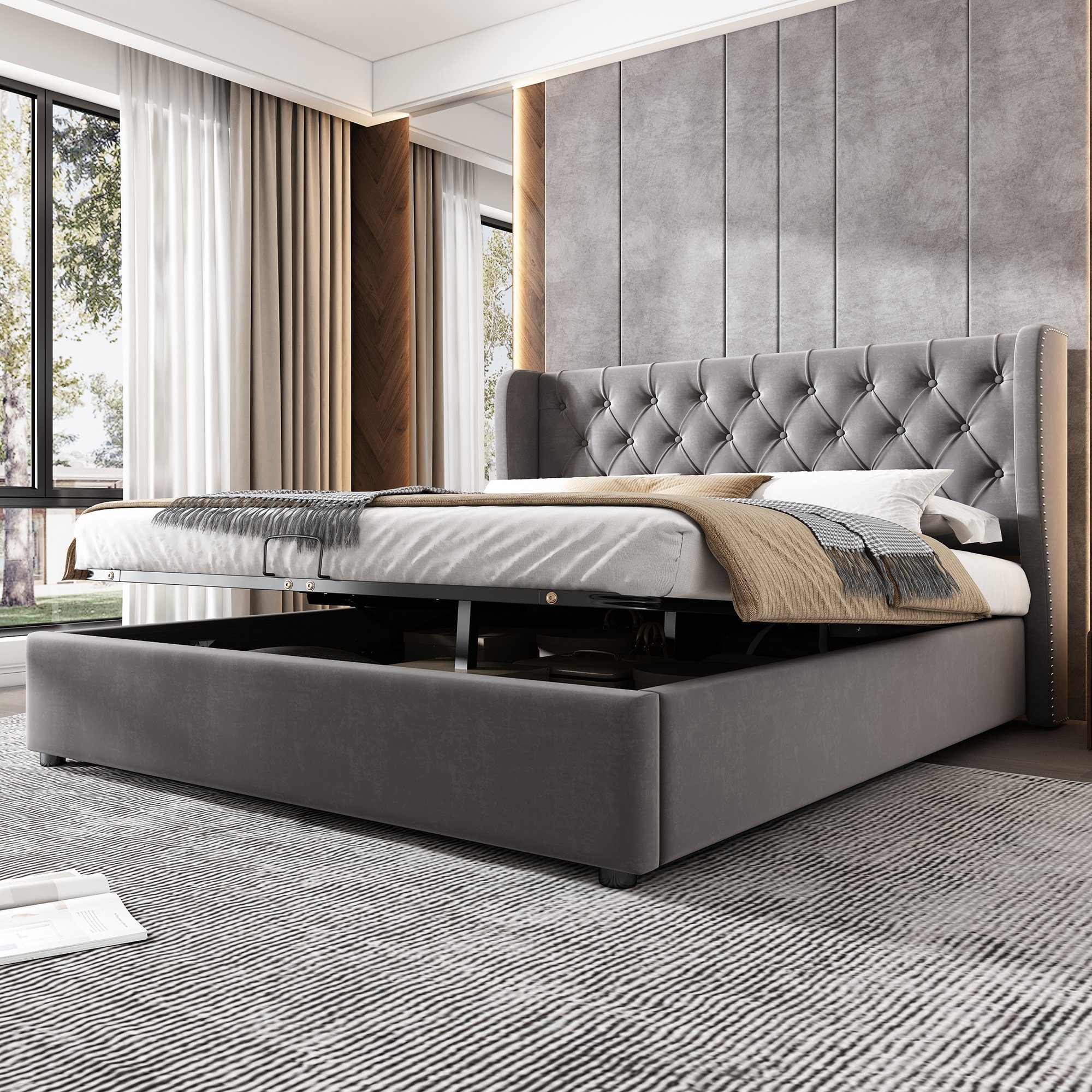 OKWISH Polsterbett Doppelbett Stauraumbett, Kiefernholz Flanell 140*200cm Ohne Matratze