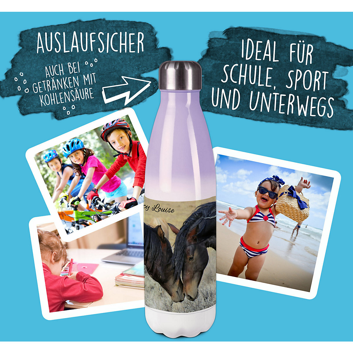 Edelstahl Kinder Thermoflasche / Trinkflasche bunt Paint Horses Spülmaschinenfest, Auslaufsicher, Bruchfest, Doppelwandig, Für Heißgetränke geeignet, Mit Deckel, Isoliert