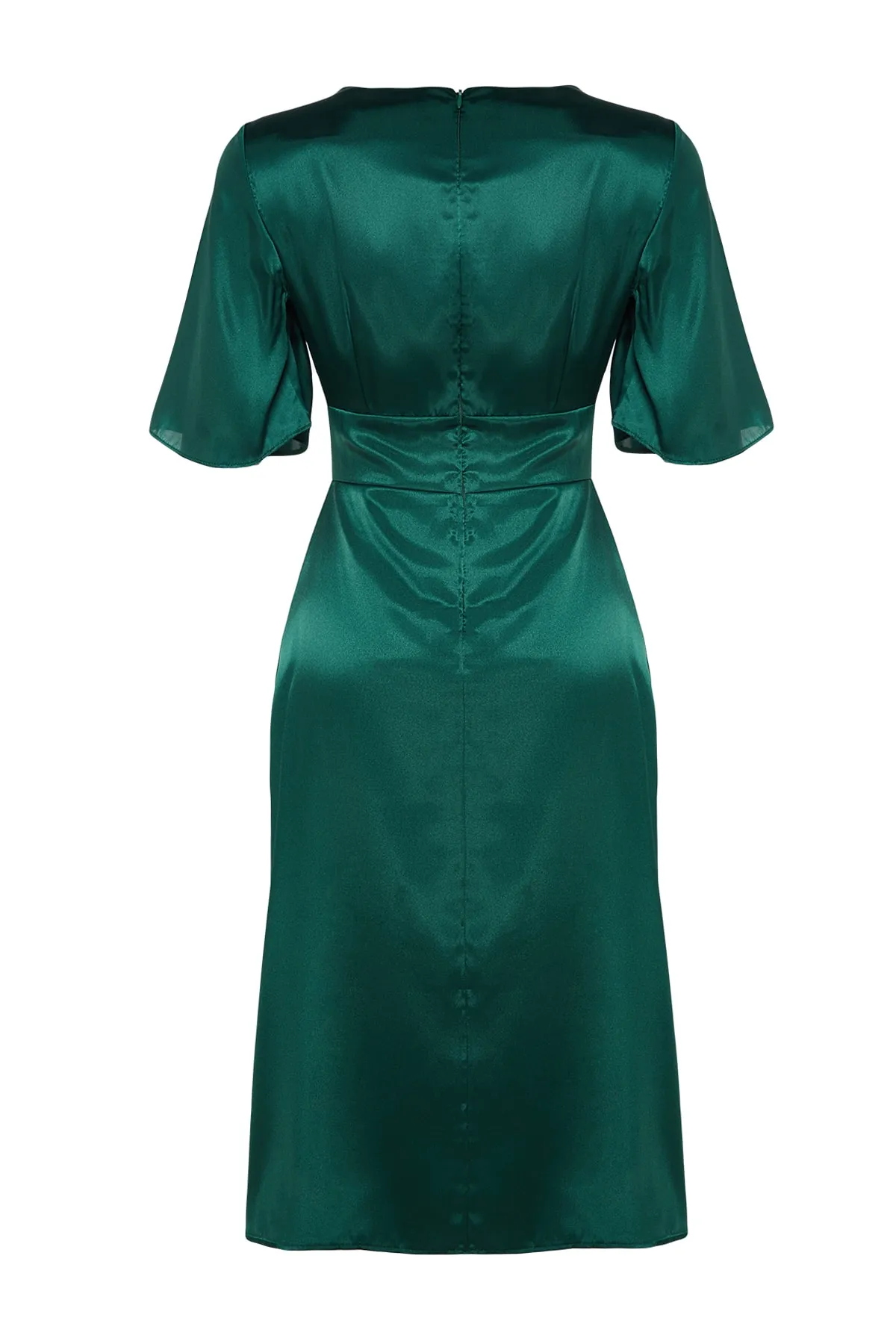 Trendyol Collection  Grünes gerade geschnittenes Midikleid aus gewebtem Satin mit V-Ausschnitt und Schlitz TWOSS23EL00866
