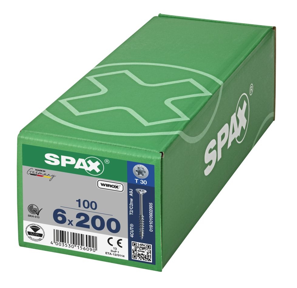 SPAX 0191010602005 Vite universale 6 x 200 mm, filettatura parziale, testa svasata, T-STAR plus T30 - 100 pezzi