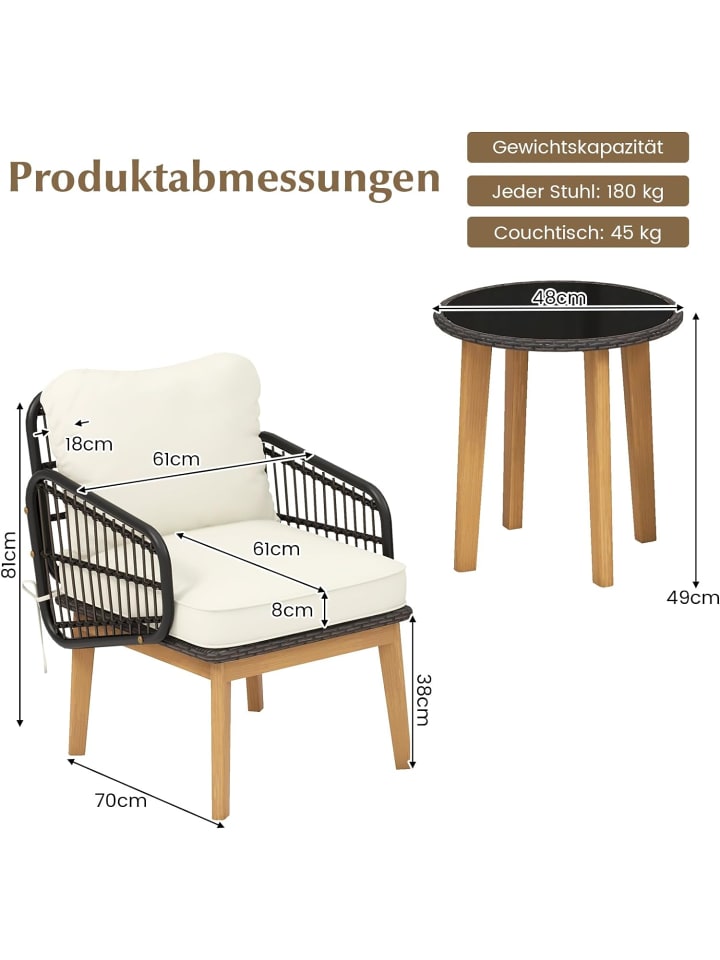 COSTWAY Gartenmöbel Polyrattan 3 tlg. Set in Weiß günstig kaufen onesize