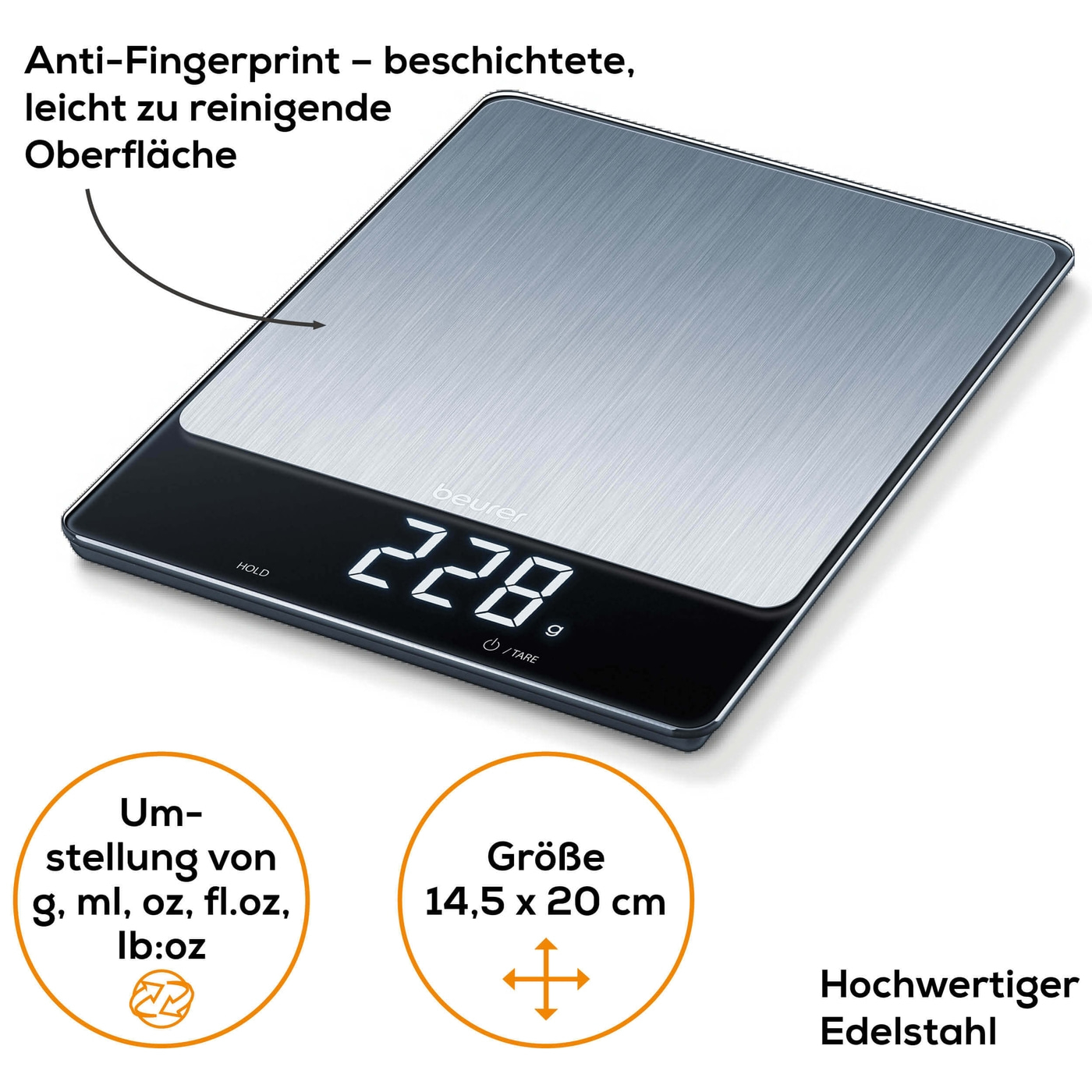 Beurer KS 34 XL Stainless Steel Küchenwaage-Edle XL Küchenwaage im Edelstahl-Design mit Magic-Display bis 15 kg