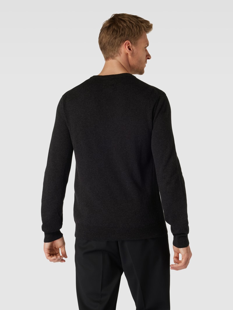 Strickpullover mit Rundhalsausschnitt und Label-Stitching in dunkelgrau meliert
