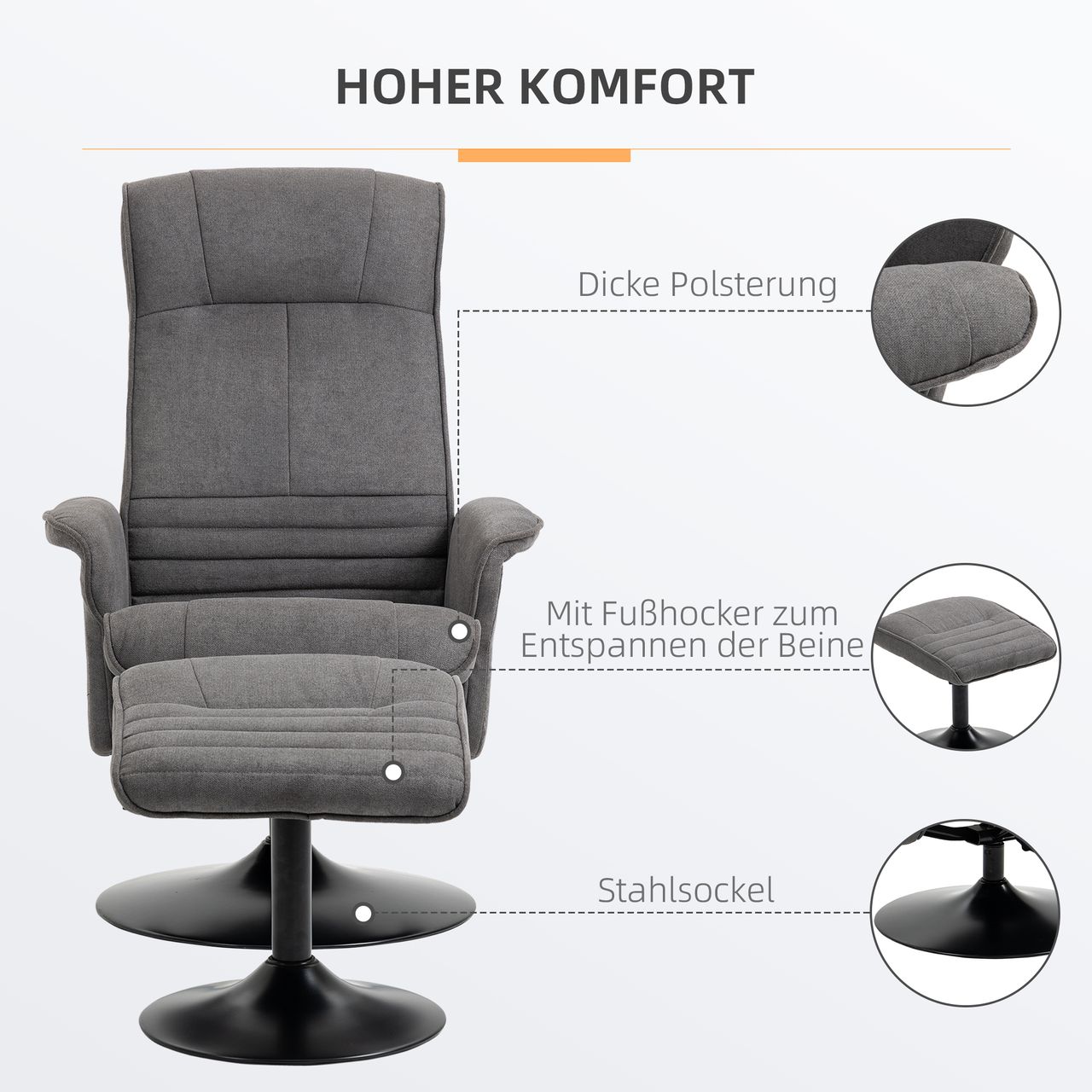 HOMCOM Relaxsessel mit Fußhocker verstellbare Rückenlehne für Schlafzimmer Schaumstoff Dunkelgrau 69 x 71 x 104 cm