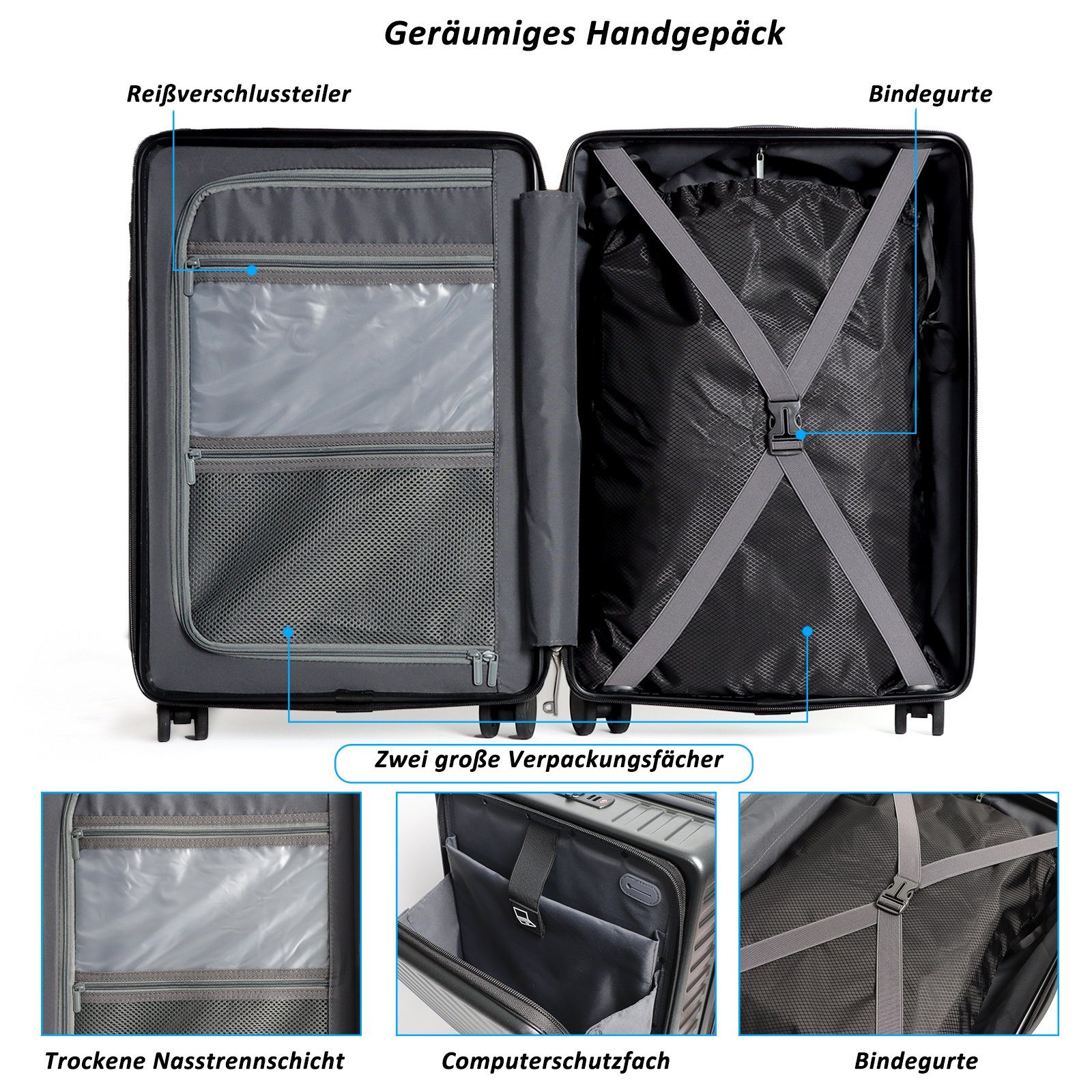 CALIYO Business-Trolley Handgepäck mit Laptopfach Hartschalen Trolley, Business Trolly, Roll-Reisekoffer 4 Doppel-Rollen, 45 cm, 36 L, Schwarz/Dunkelgrau