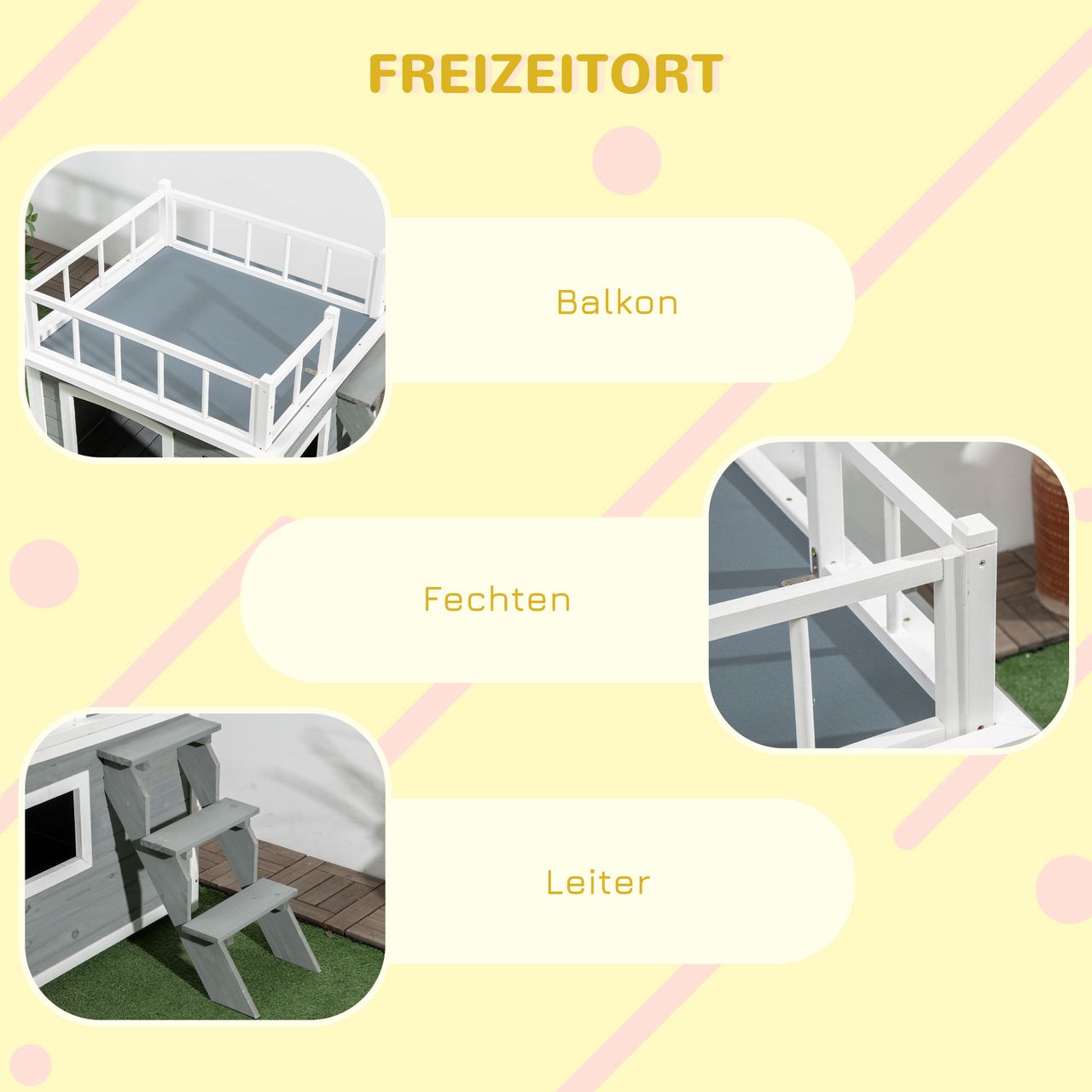 PawHut Hundehütte Hundehaus mit Balkon Erhöhtes Kleintierhaus mit Treppe Fenster
