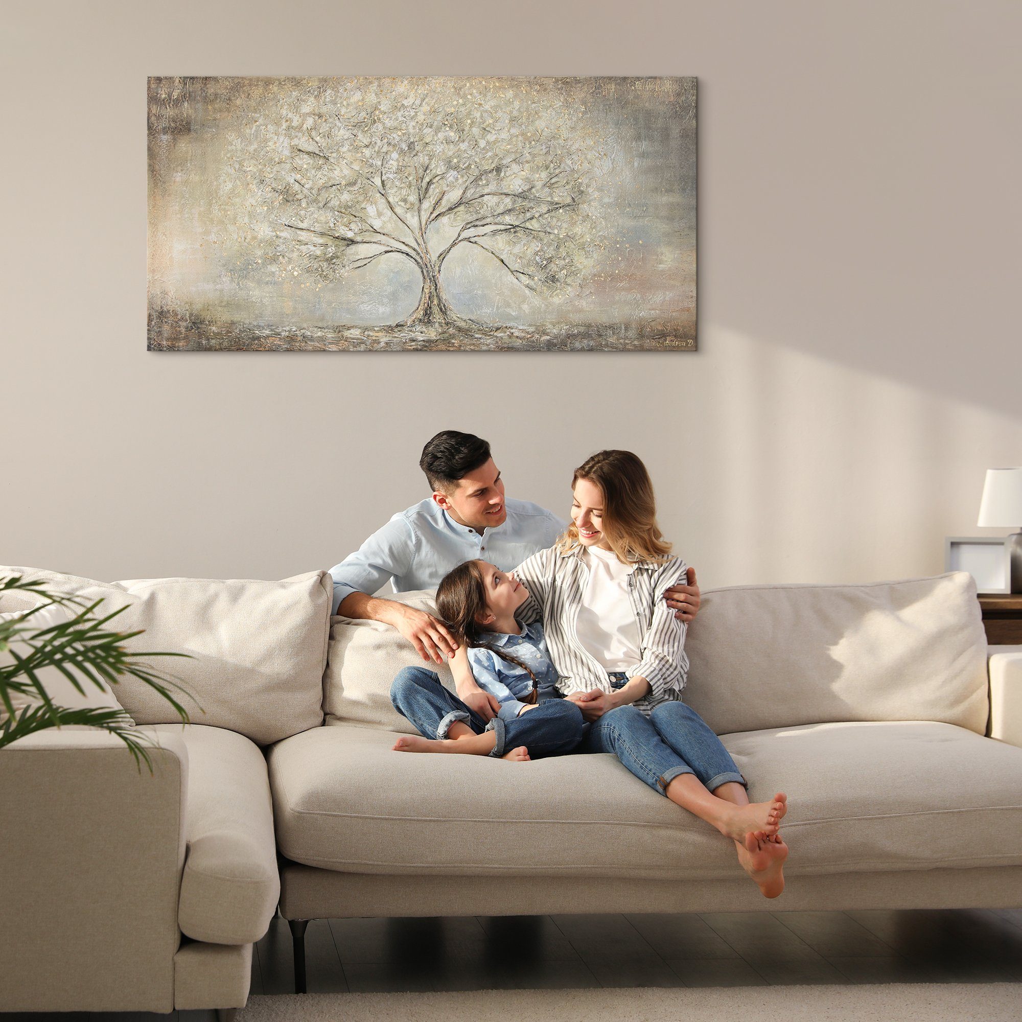 YS-Art Gemälde Goldbaum, Abstrakte Bilder, Leinwand Bild Handgemalt Gold Baum Stammbaum Braun