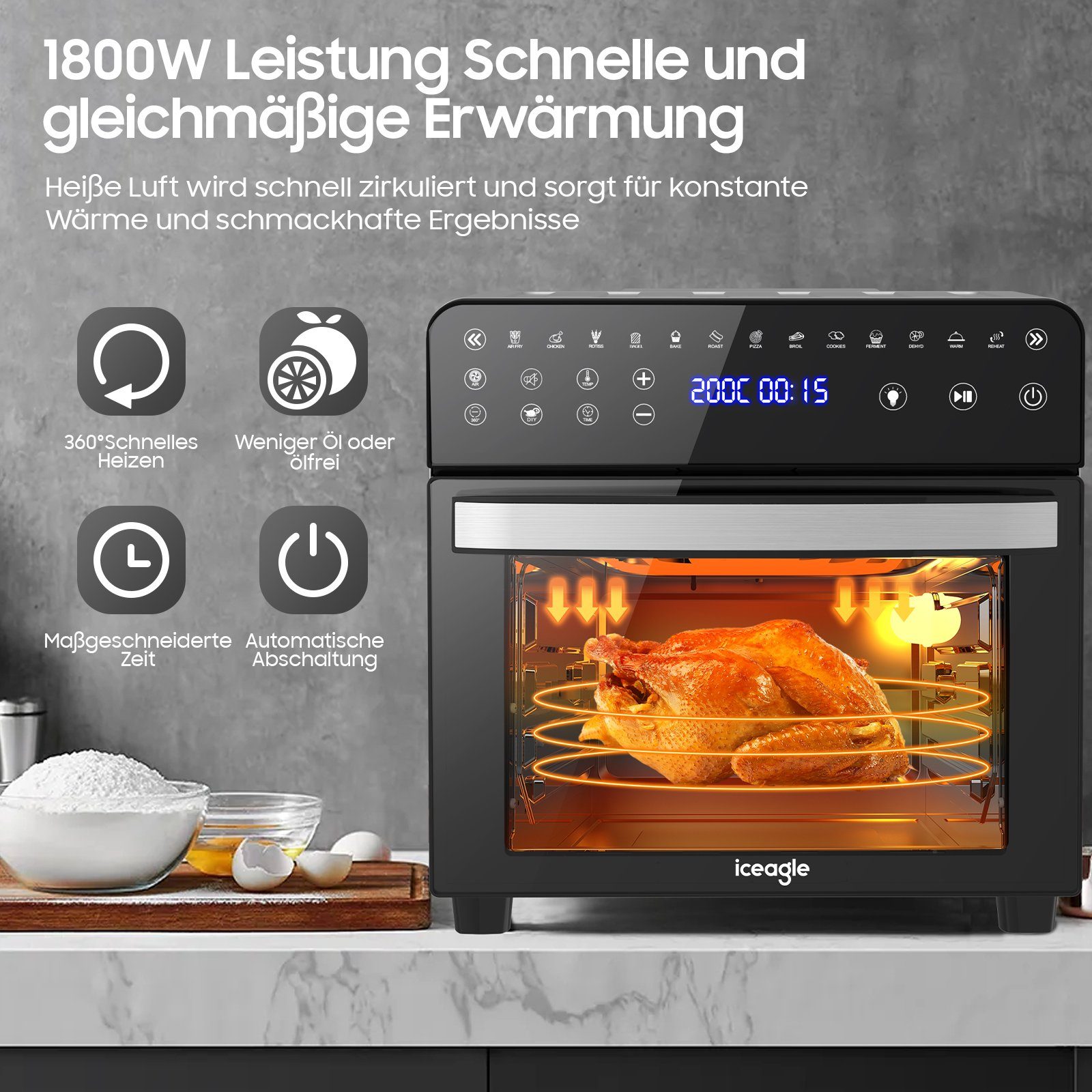 iceagle Heißluftfritteuse Heißluftfritteuse 15L Mini Backofen Airfryer XXL,13 Programmen, 1800,00 W, LED-Anzeige, Heißluftfritteuse, Fritteuse, Grill, Obst-Dehydrator, Toaster, Mikrowellenherd, mit Sichtfenster LED-Touchscreen, Schwarz