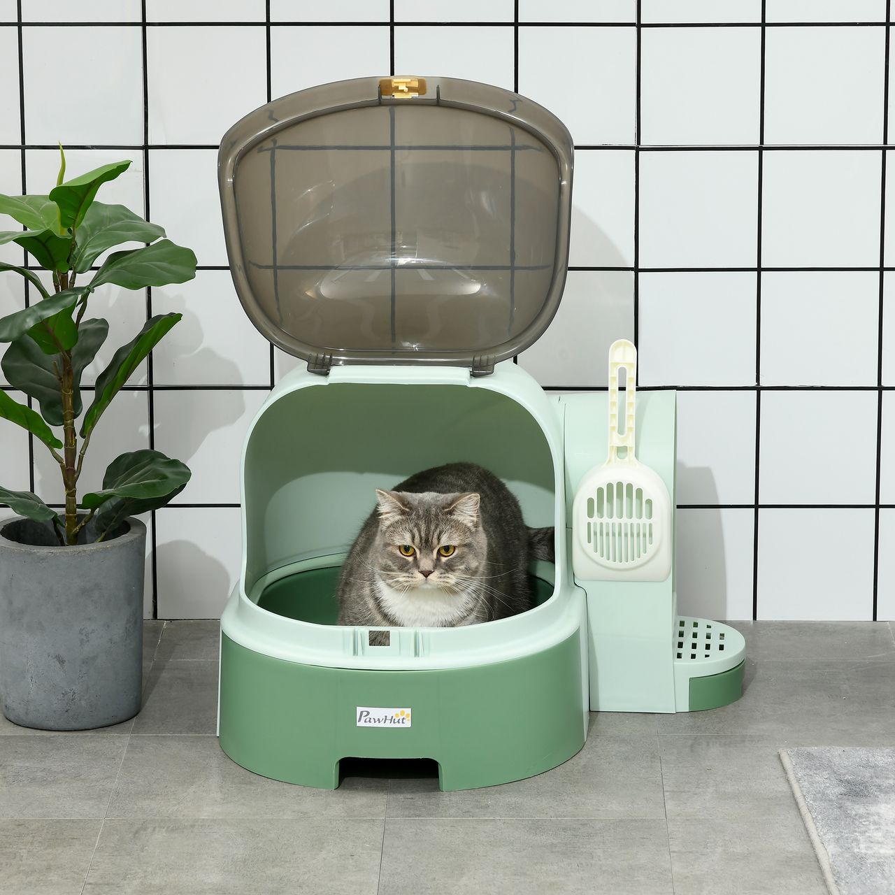 PawHut Katzentoilette Katzenhaus, Katzenklo inklusive Schaufel, Haube, Grün