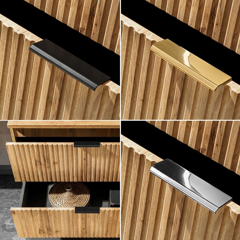 Lomadox Badmöbel-Set ADELAIDE-56, (4-St), Eiche Rillenoptik Spiegel Waschbeckenschrank Waschbecken Hochschränke