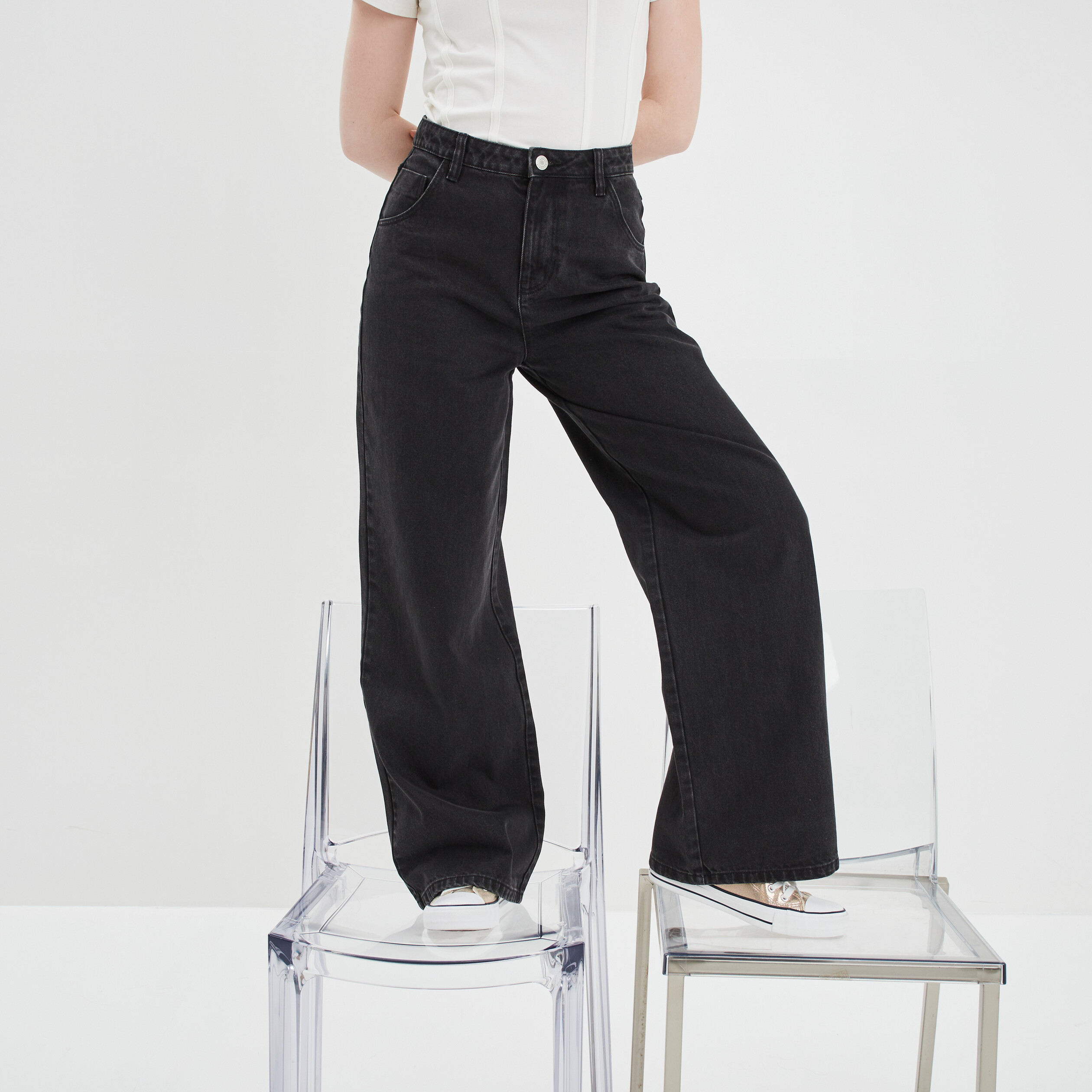 Jeans wide leg taille haute denim noir femme | La Halle