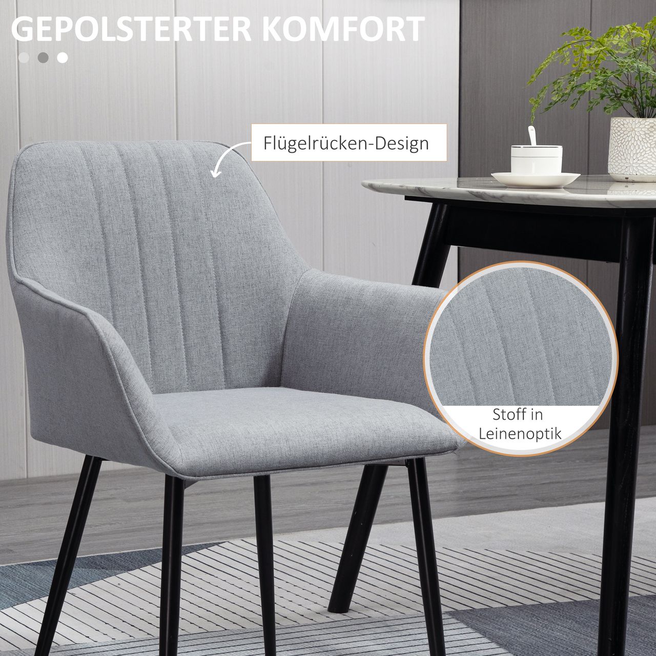 HOMCOM 2-teiliger Esszimmerstühle Essstühle mit atmungsaktivem Leinenbezug ergonomischer Küchenstuhl mit Rückenlehne Armlehne und Metallbeinen Leinen Hellgrau 59,5 x 56,5 x 81 cm