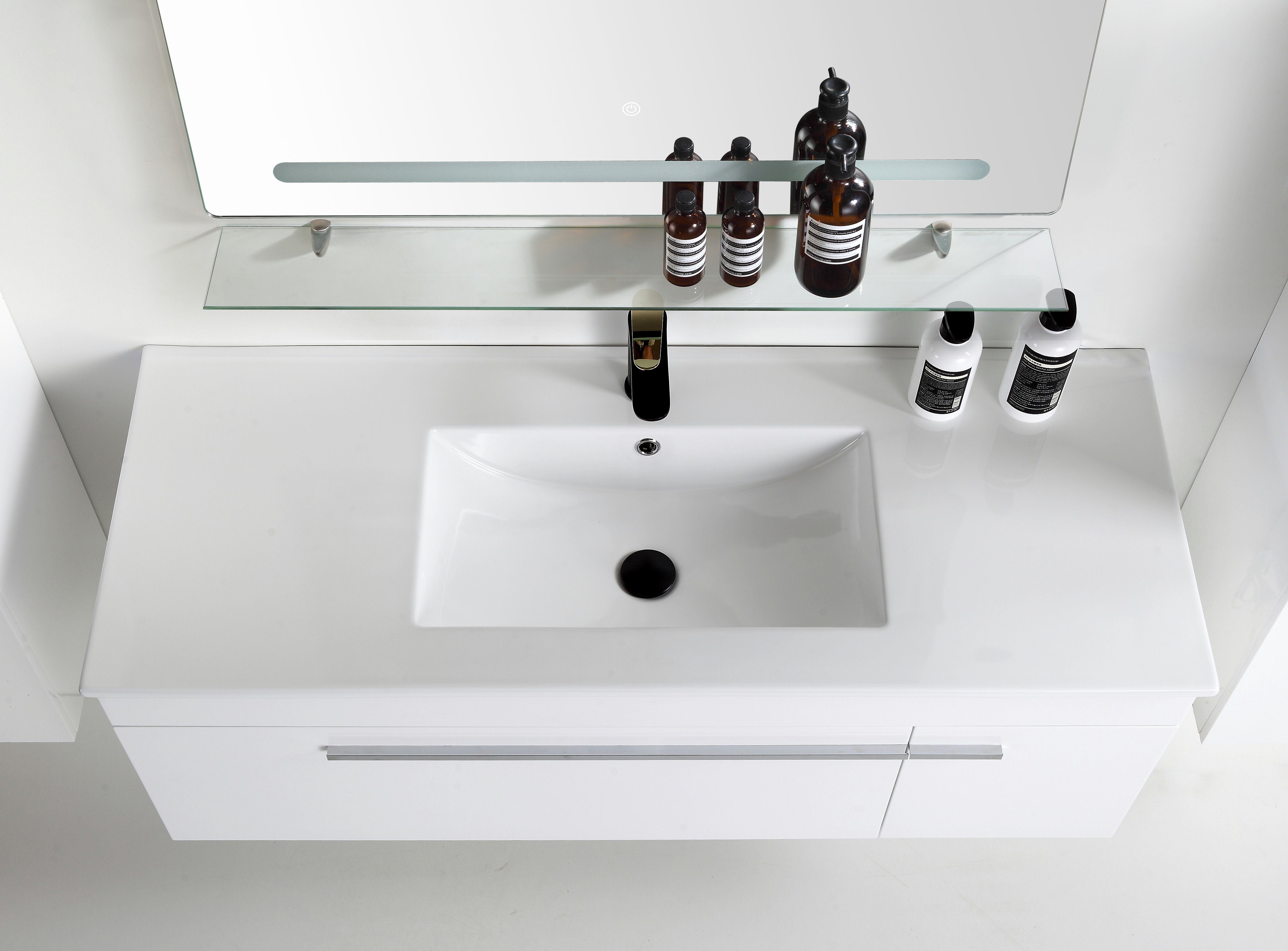 Faizee Möbel Badmöbel-Set Badmöbel set, Weiß komplett 5TLG 90 cm, (Komplett-Set, 5-St), LED-Spiegel mit Touch Badmöbel-Set VORMONTIERT Hochglanz lackiert
