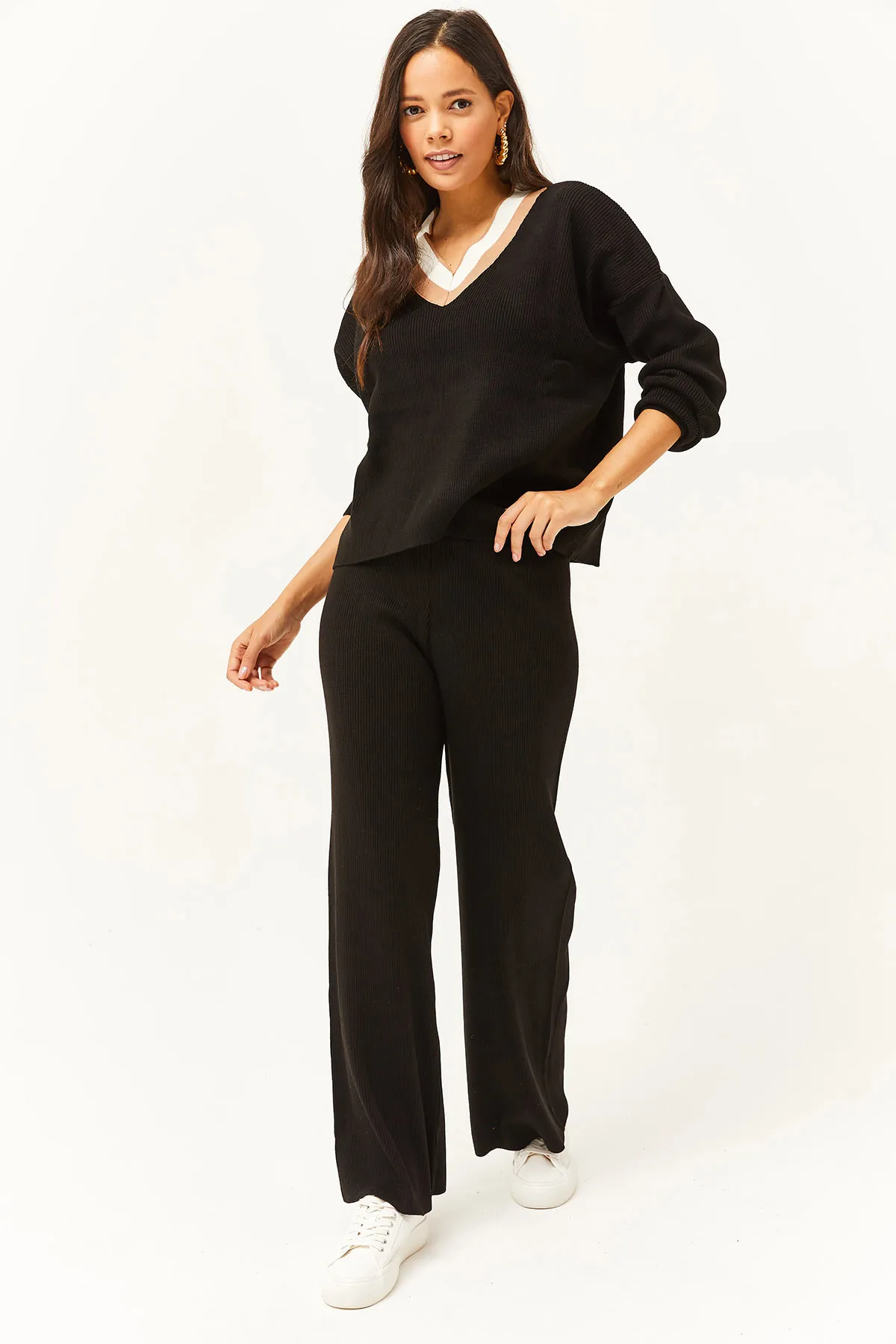 Olalook  Schwarzes Strickset mit Oberteil und V-Ausschnitt für Damen, Palazzo-Hose, TKM-19000226