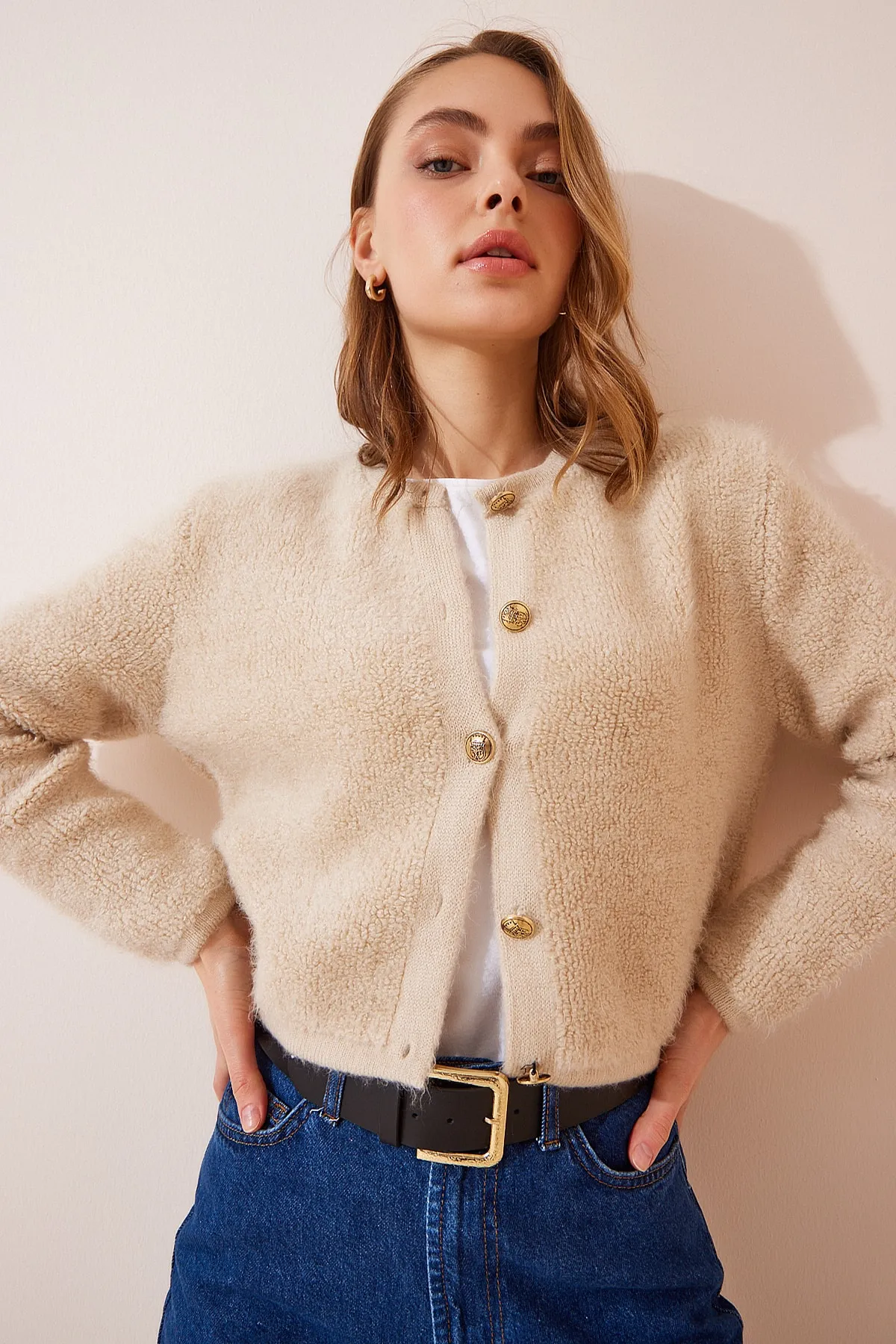 Happiness İstanbul  Damen Dunkelcreme Bouclé Strickjacke Cardigan YY00117