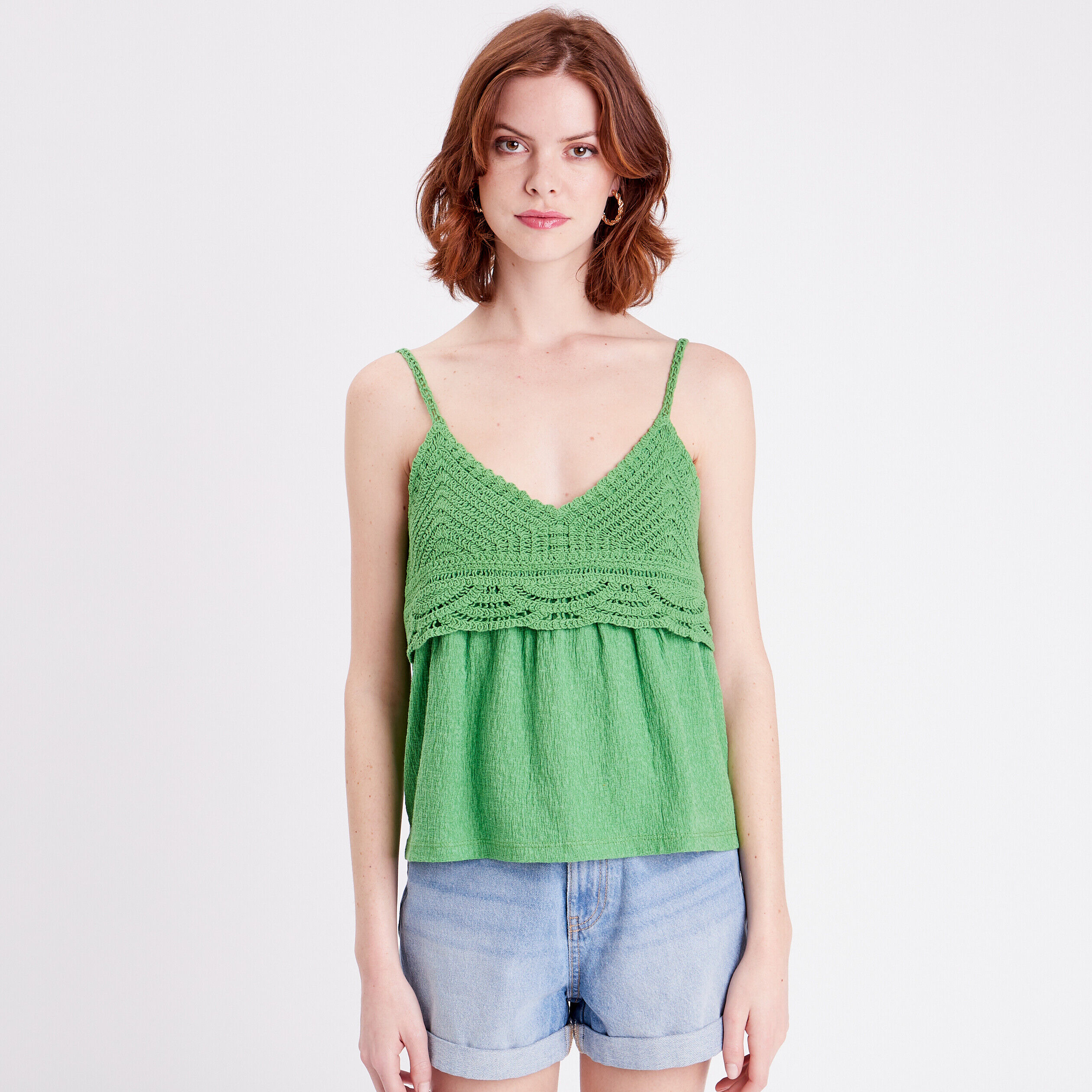 Débardeur col aspect crochet vert femme | Cache Cache