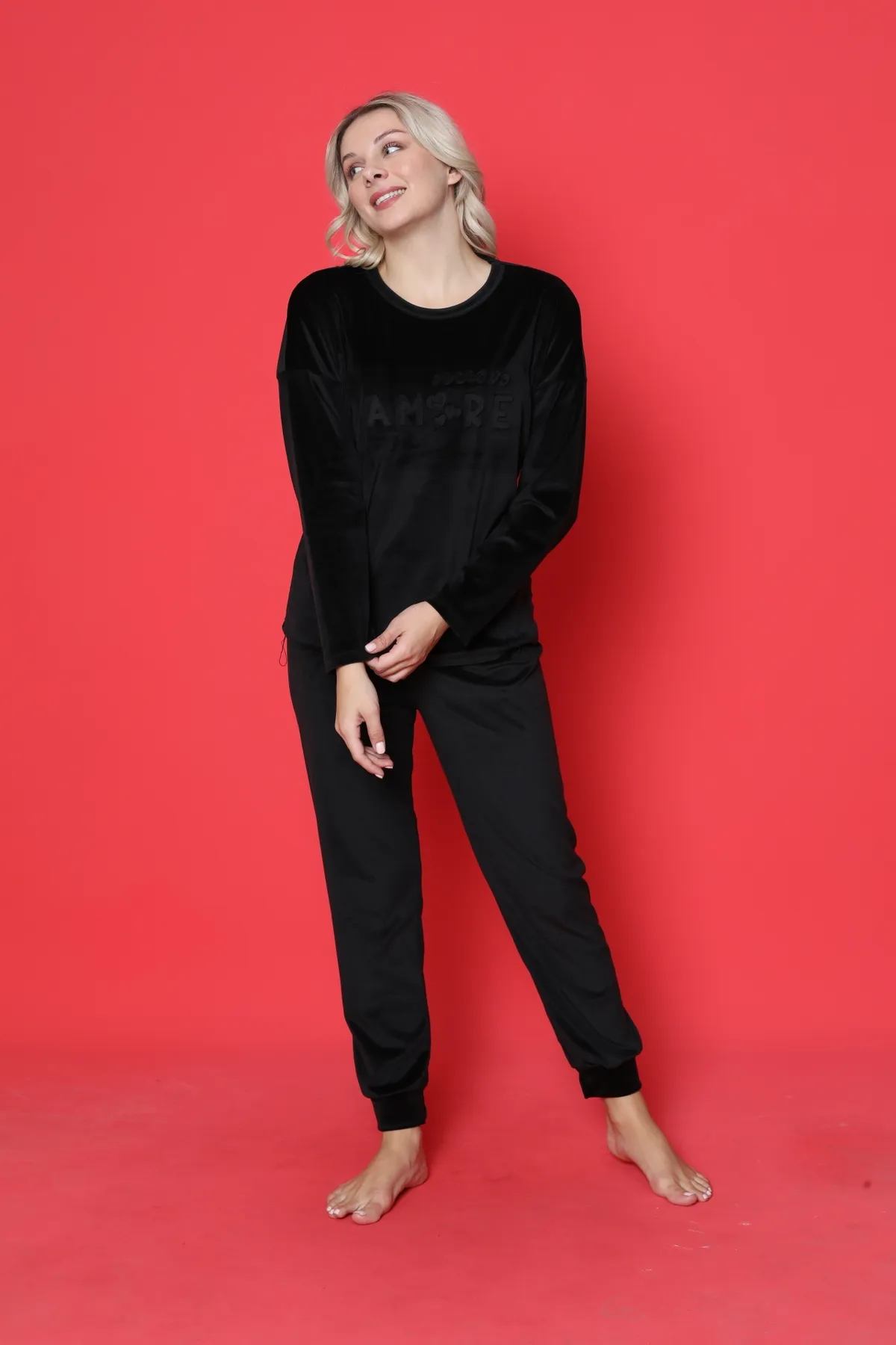 AHENGİM  Pyjama-Set für Jugendliche, französischer Samt, Amore, bedruckt, mit Spatenmanschette, Winter, saisonal, W20432250