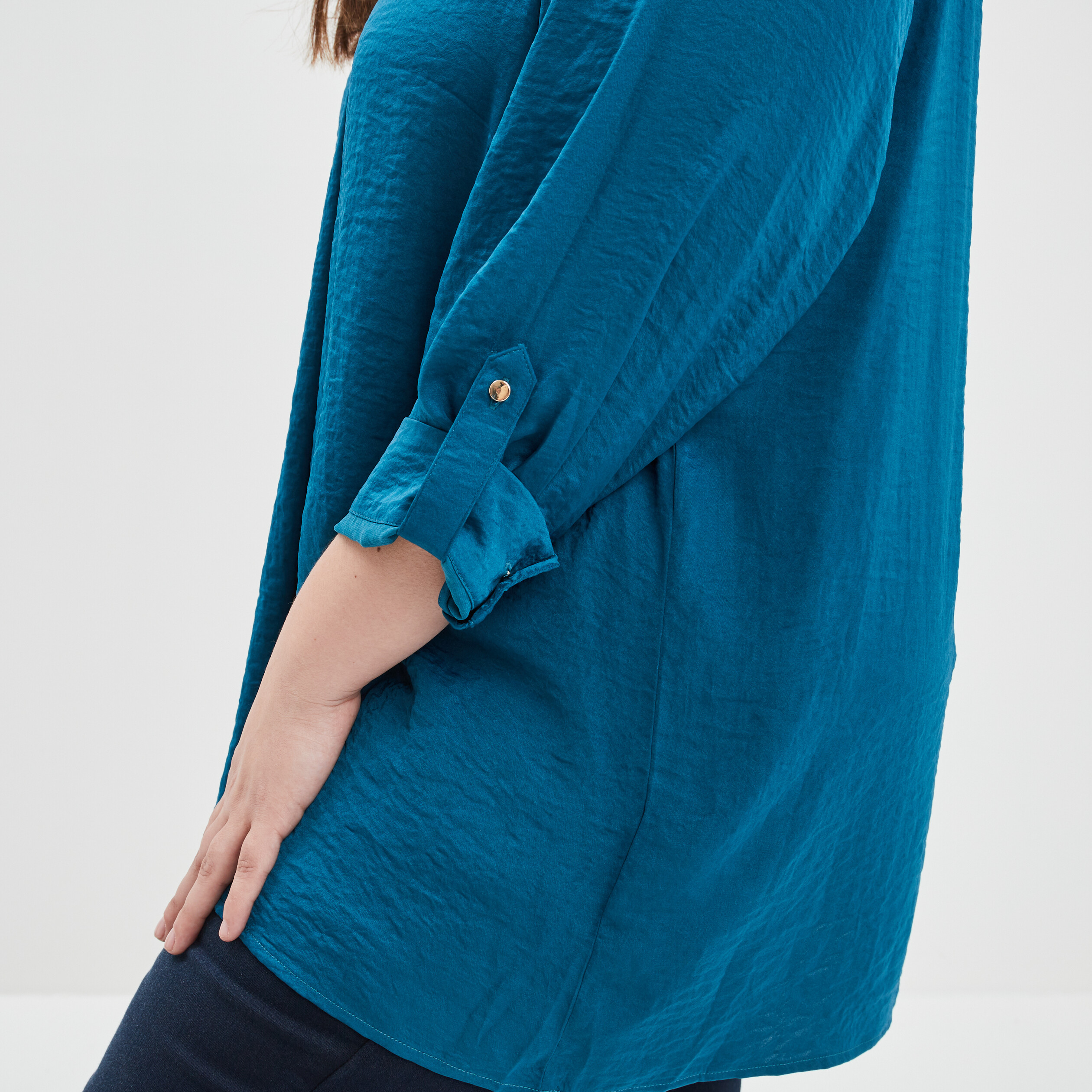 Blouse satin col V manches 3 4 bleu canard femme grande taille | La Halle