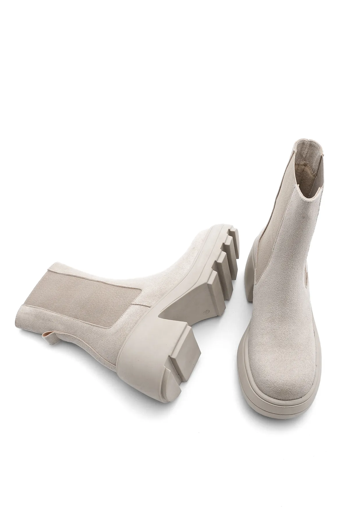 Marjin  Damen-Tagesstiefel, dicke Sohle, elastische Seitenbänder, Pola-Beige-Wildleder