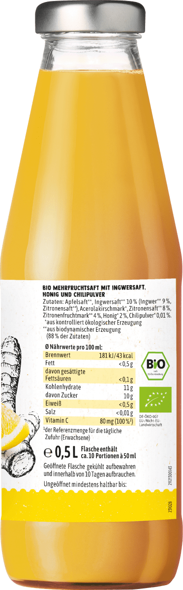 Ingwer & Zitrone-Honig Shot mit Fruchtsäften, 0,5 l