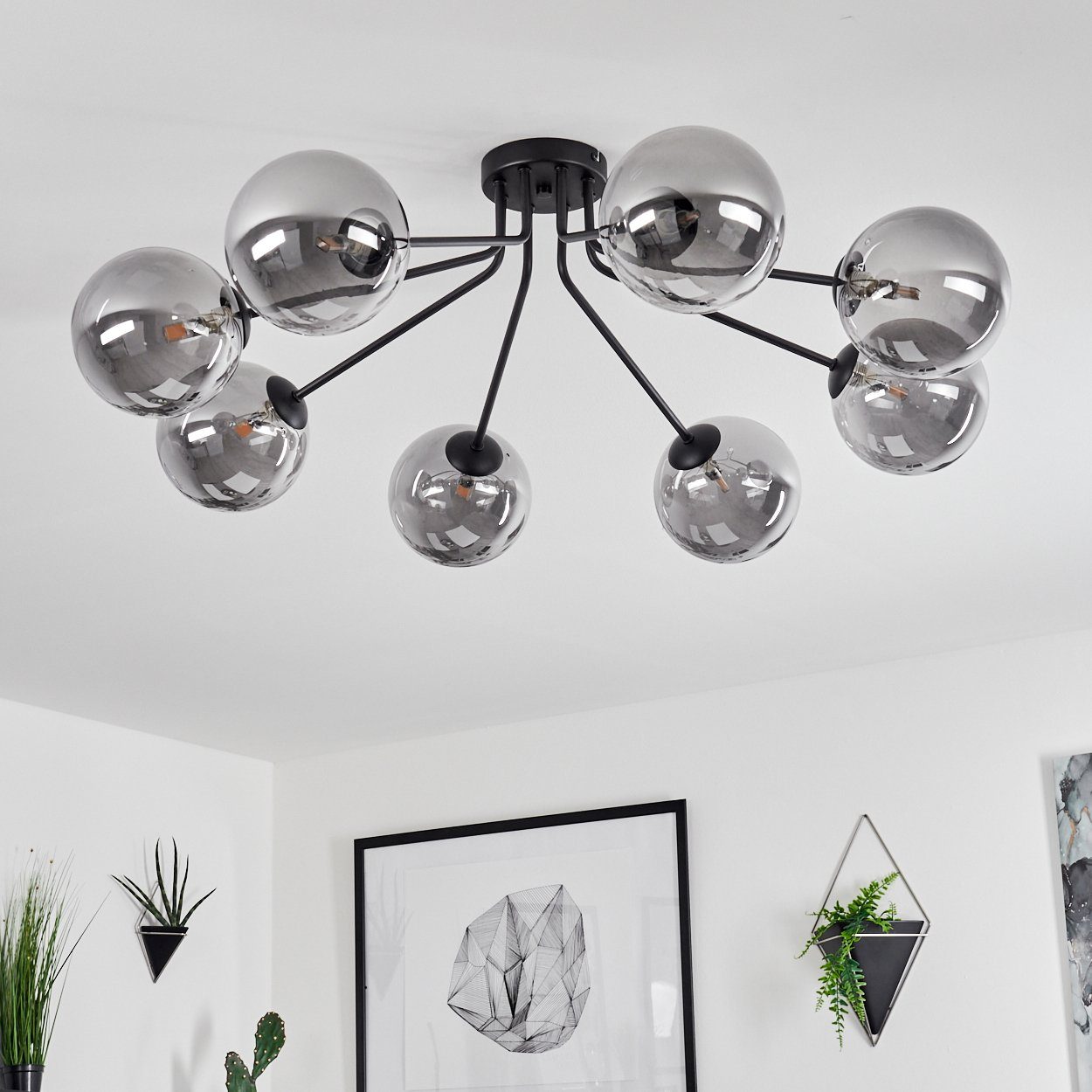 hofstein Deckenleuchte Garaguso moderne Deckenlampe aus Metall/Glas in Schwarz/Rauchfarben, ohne Leuchtmittel, Leuchte im Retro/Vintage-Design mit Schirmen aus Rauchglas, 8xG9